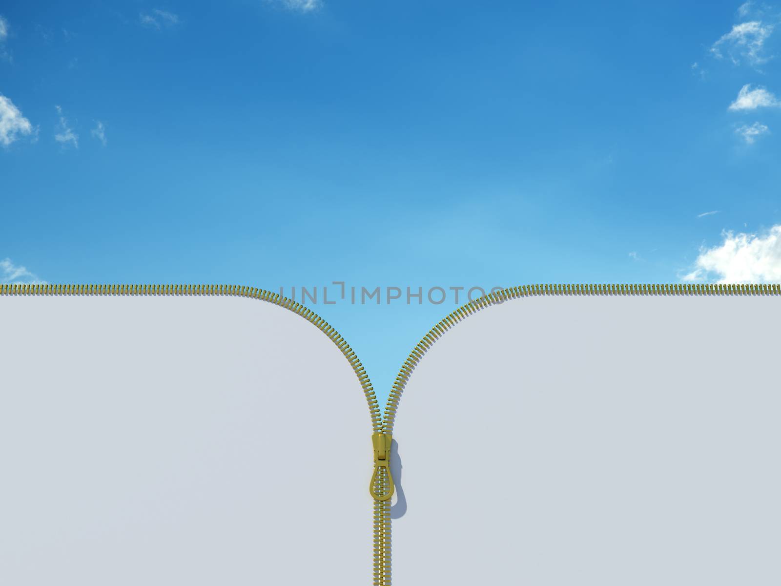 Gold zipper with blue color on blue sky background