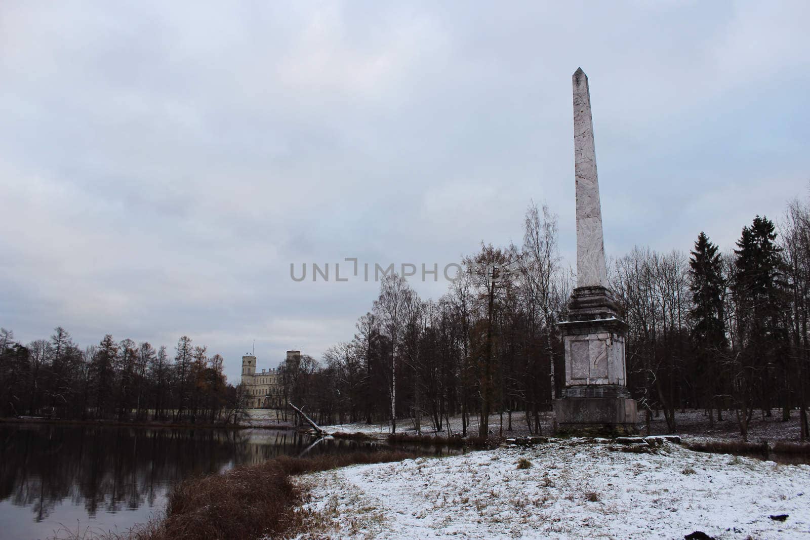 Chesma obelisk in Gatchina Park, White Lake, winter, in November 2015. by olga_ovchinnikova