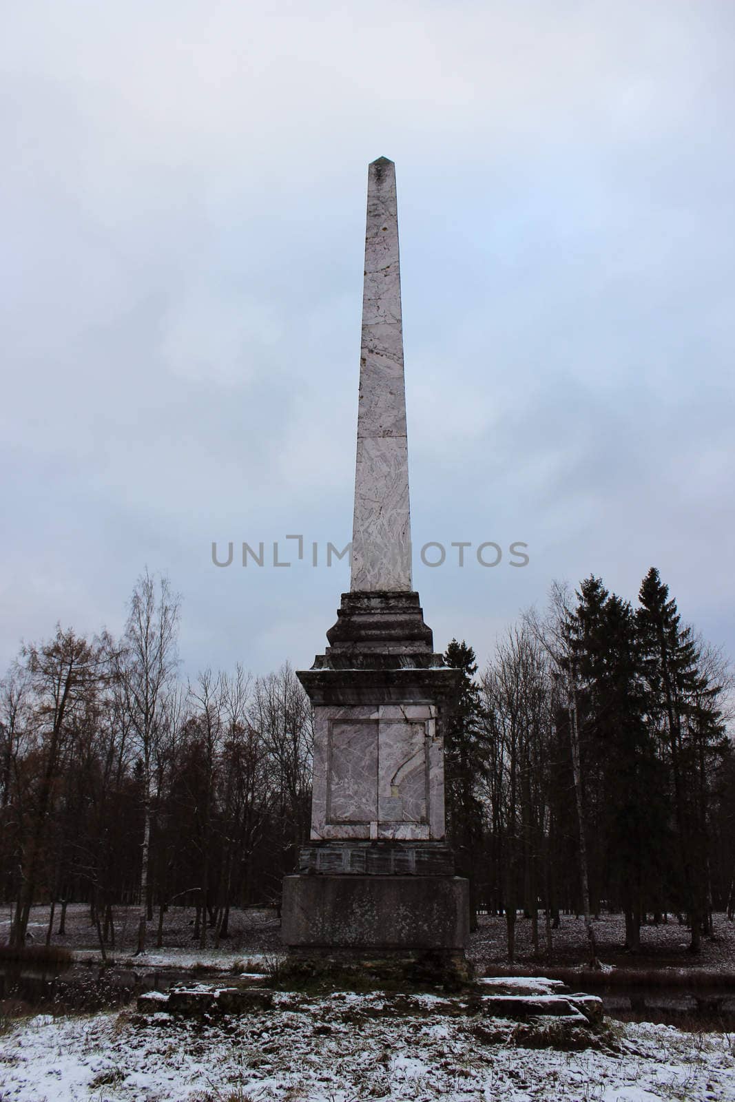 Chesma obelisk in Gatchina Park, White Lake, winter, in November 2015. by olga_ovchinnikova