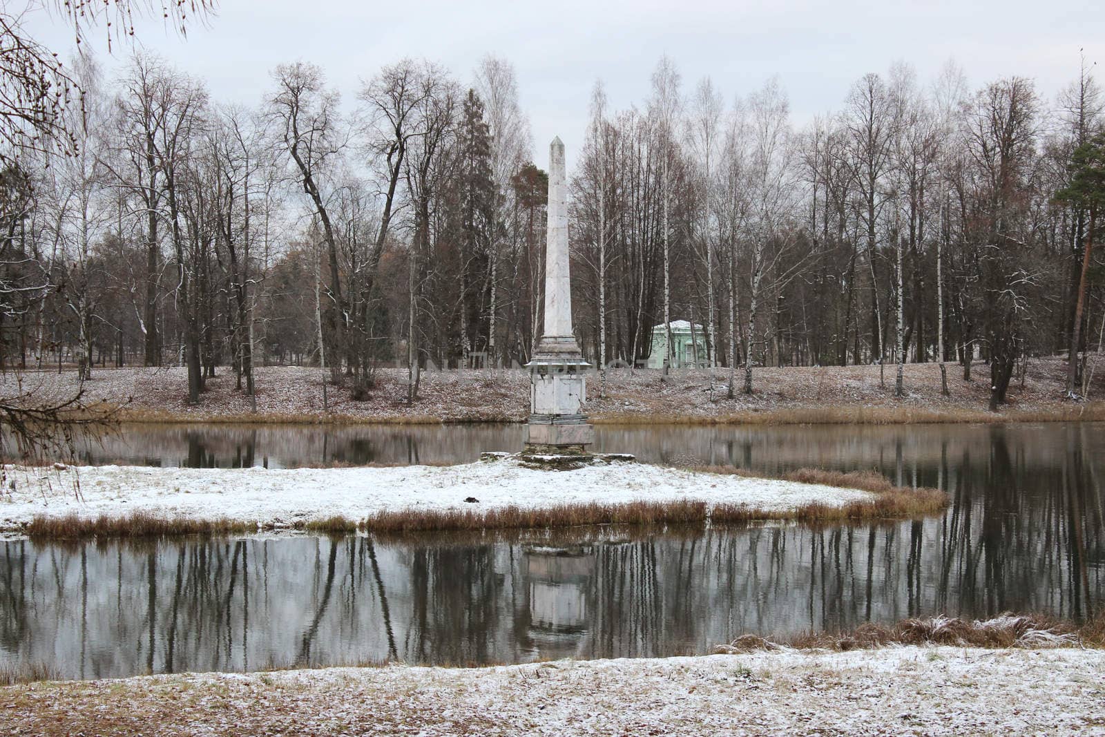 Chesma obelisk in Gatchina Park, White Lake, winter, in November 2015.
