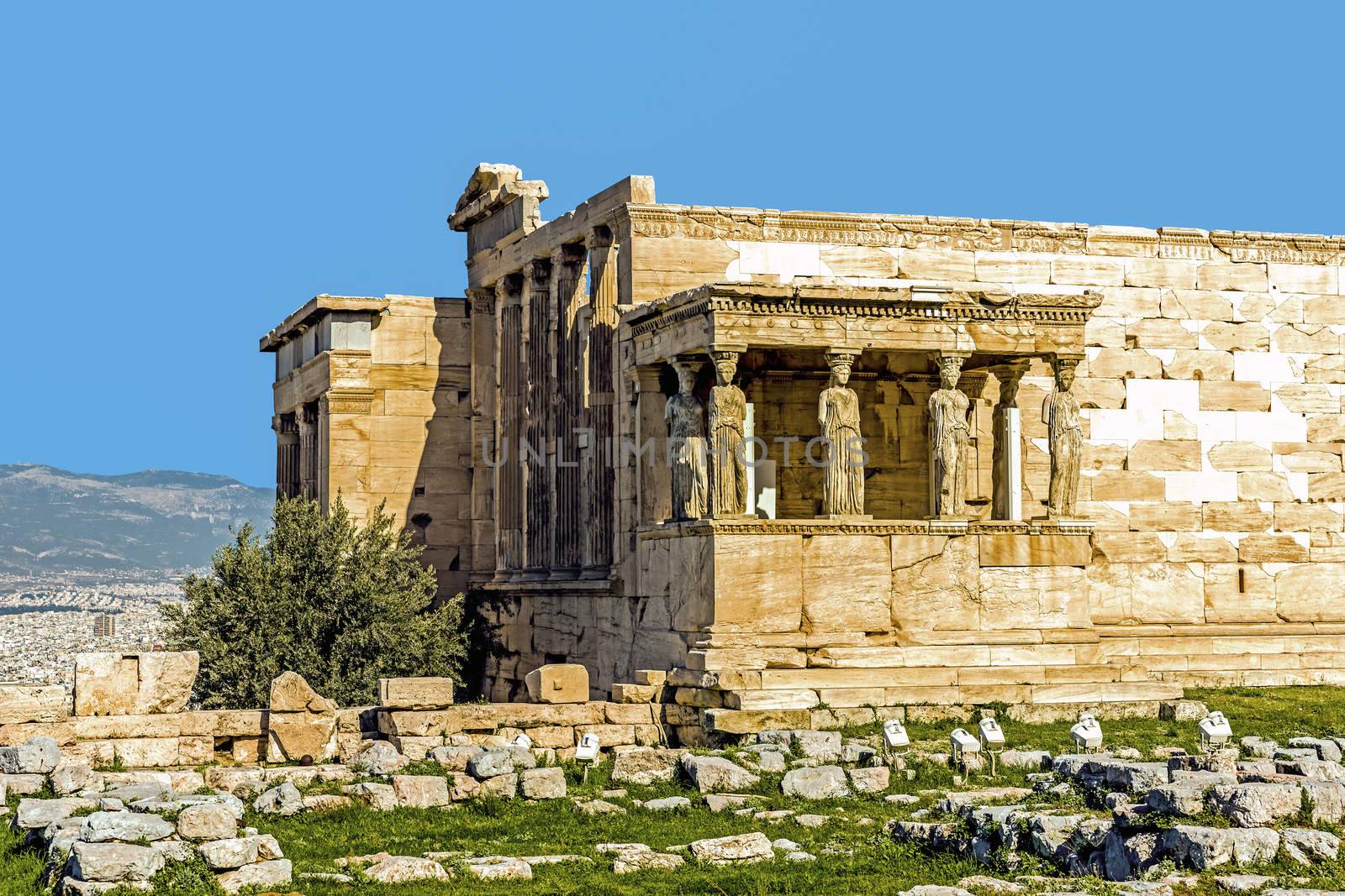 The Old Temple of Athena, an archaic temple located on the Acropolis of Athens, built around 525-500 BC. Taken in Athens, Greece.