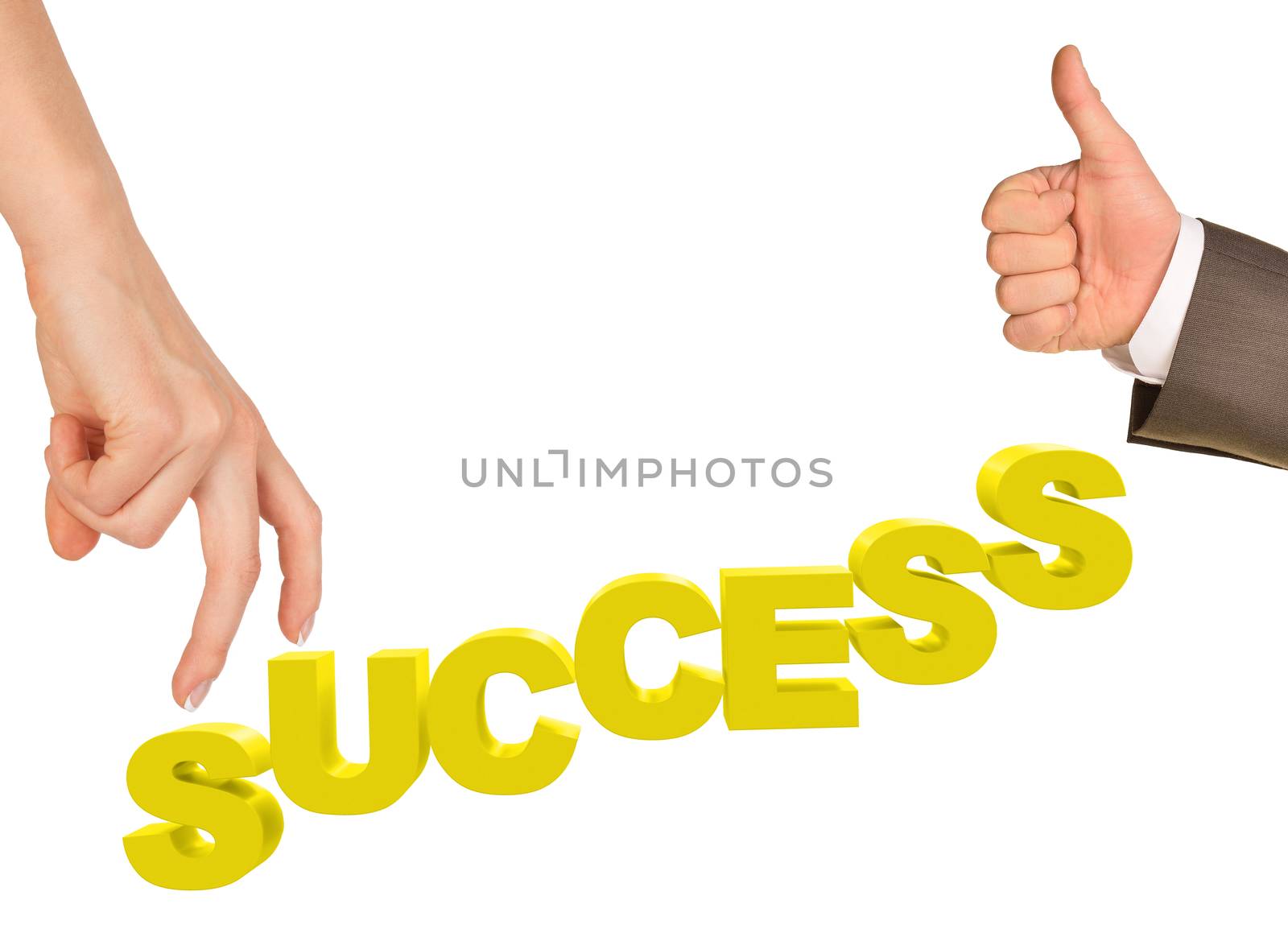 Womans fingers stepping on word success on isolated white background, front view
