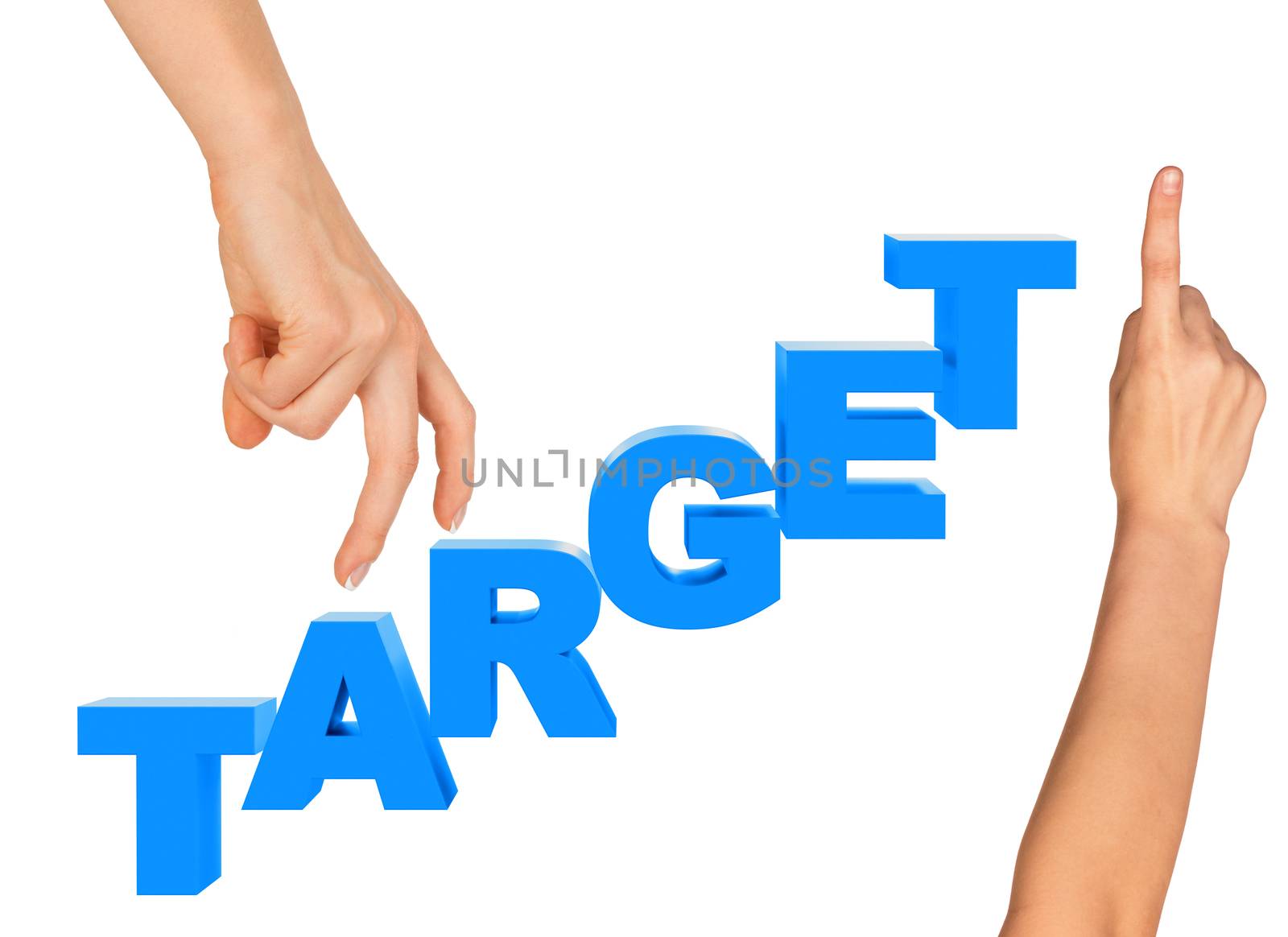 Womans fingers stepping on word target on isolated white background, front view