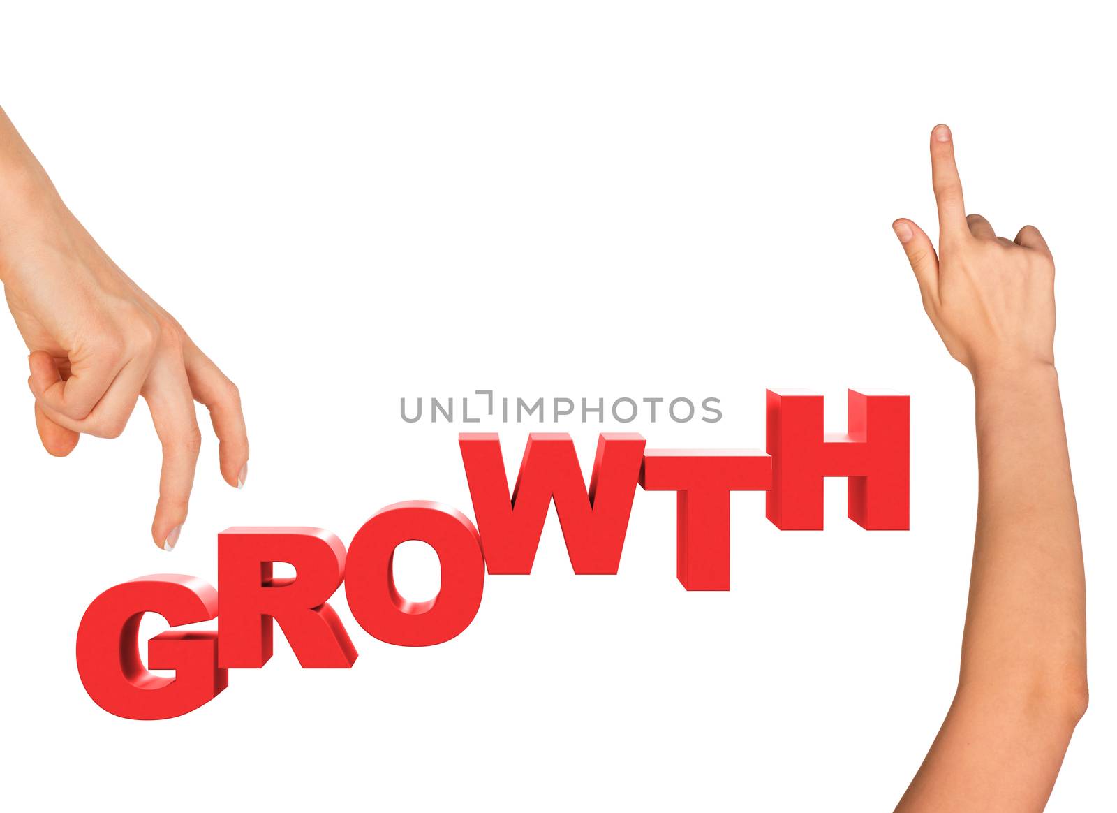 Womans fingers stepping on word growth on isolated white background, front view
