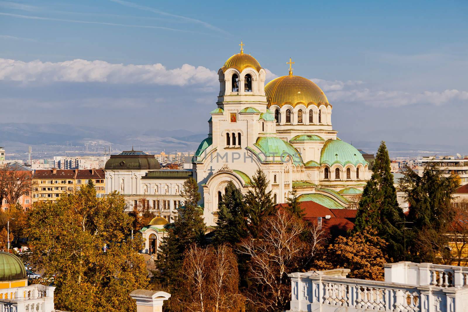 A view of golden domes st. Aleksander Nevski cathedral and downtown Sofia, Bulgaria