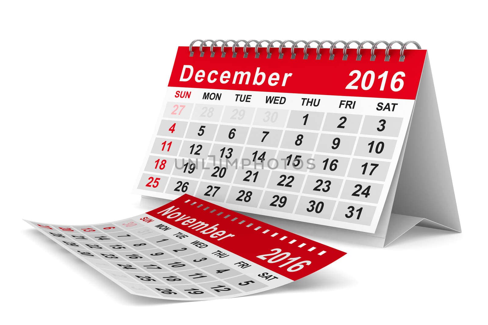 2016 year calendar. December. Isolated 3D image