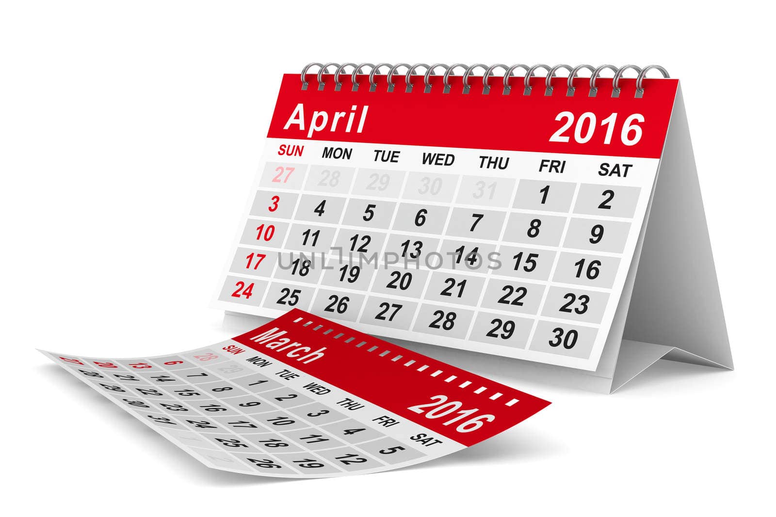 2016 year calendar. April. Isolated 3D image