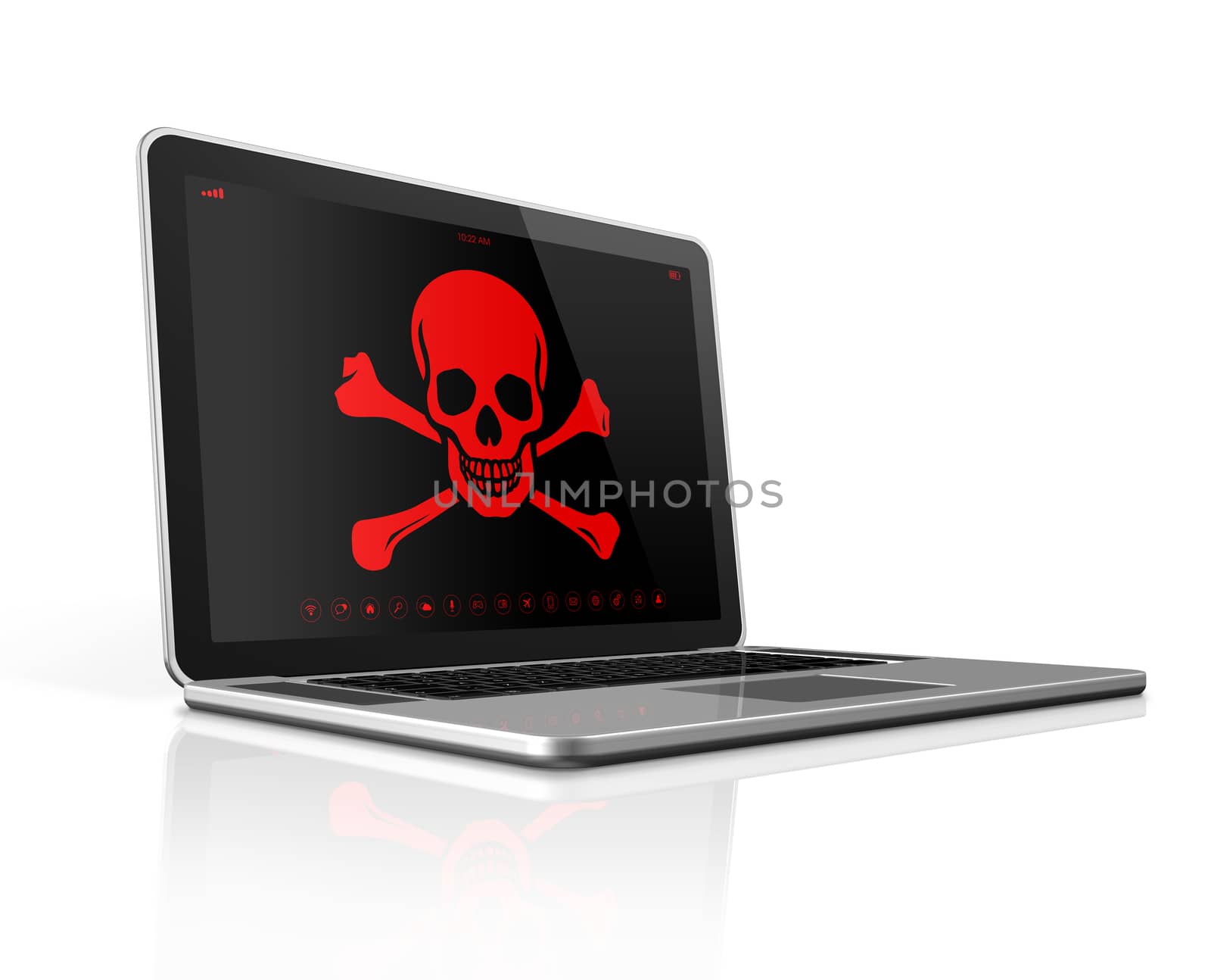 3D Laptop with a pirate symbol on screen. Hacker concept