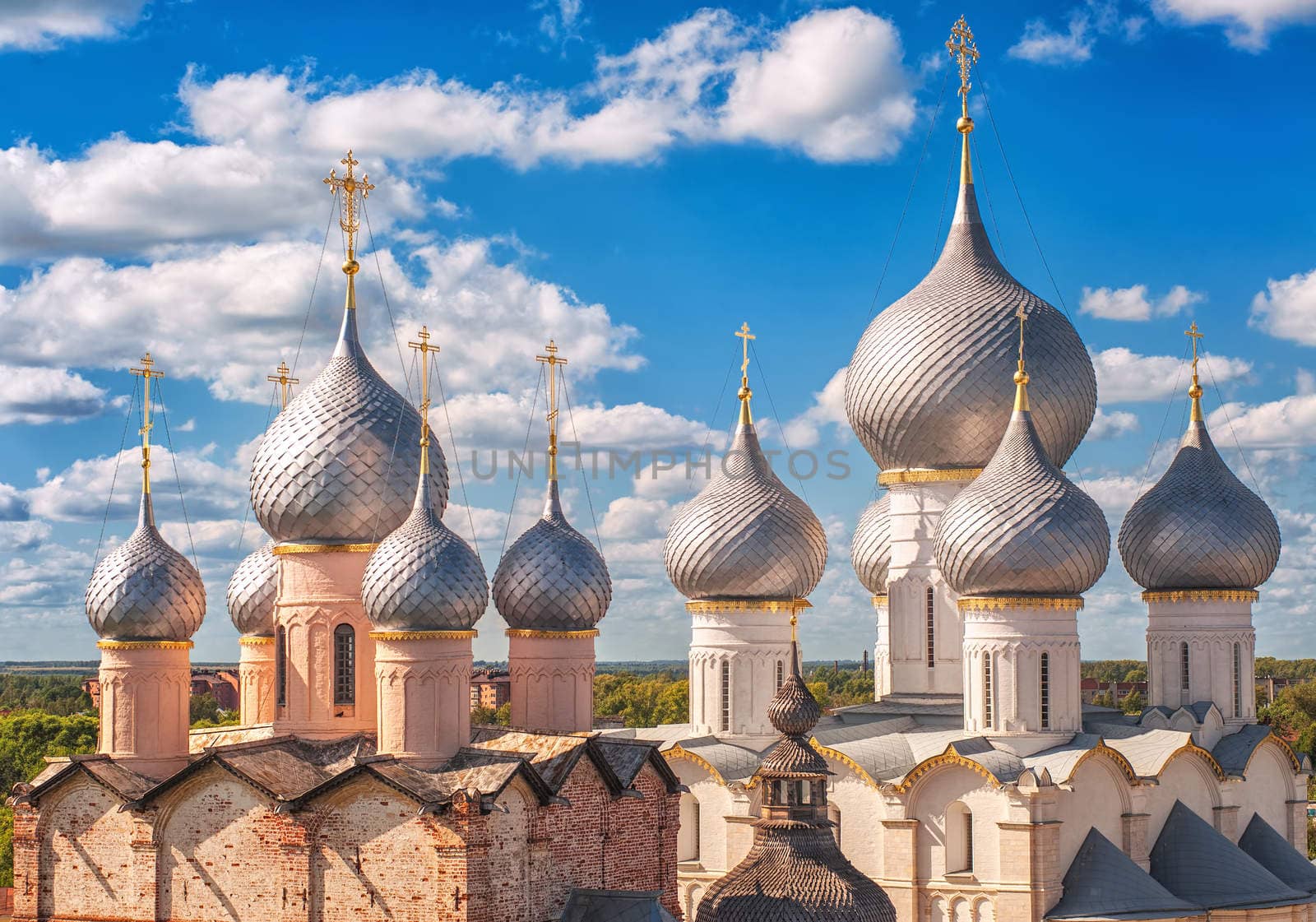 Silver domes of traditional russian orthodox church in Rostov Kremlin, Golden Ring, Russia