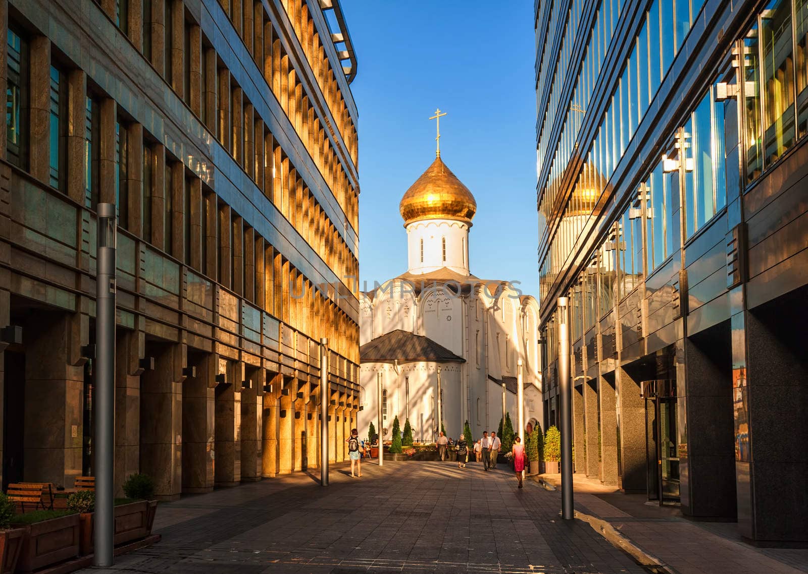 Orthodox church among the office buildings in Moscow, Russia