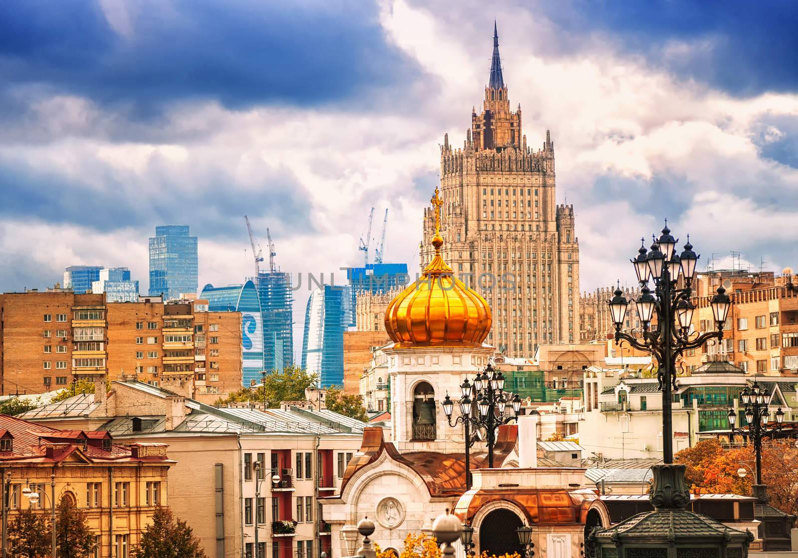 Panoramic view of Moscow featuring traditional russian architecture styles from different time periods, Russia