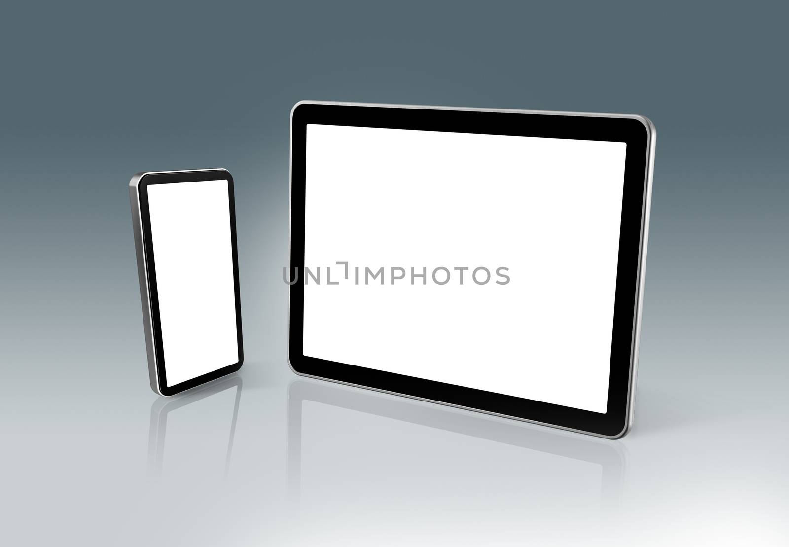 3D High Tech mobile phone and digital tablet pc - grey background