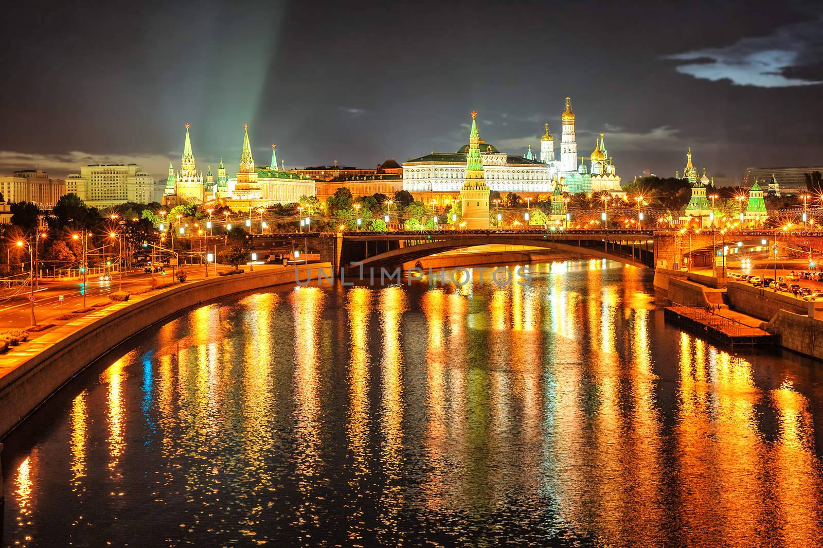 Moscow Kremlin reflecting in the Moskva River at night, Russian Federation