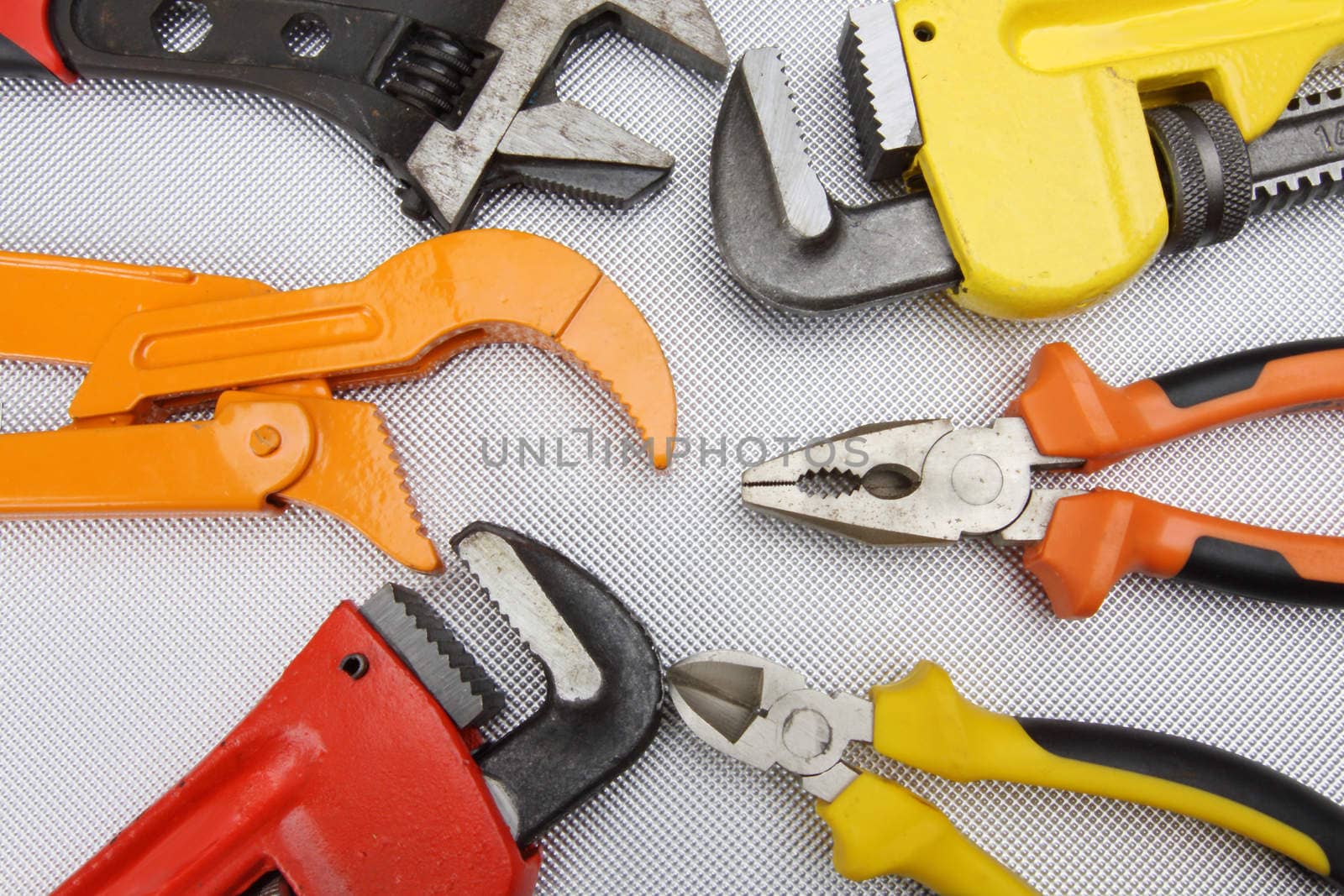 Hand tools,  different  wrenches, pliers,  close up