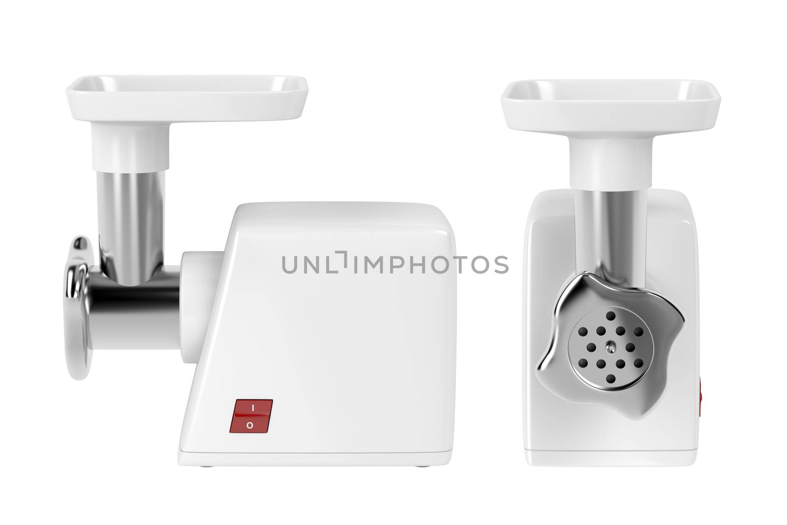 Electric meat grinder isolated on white, side and front view