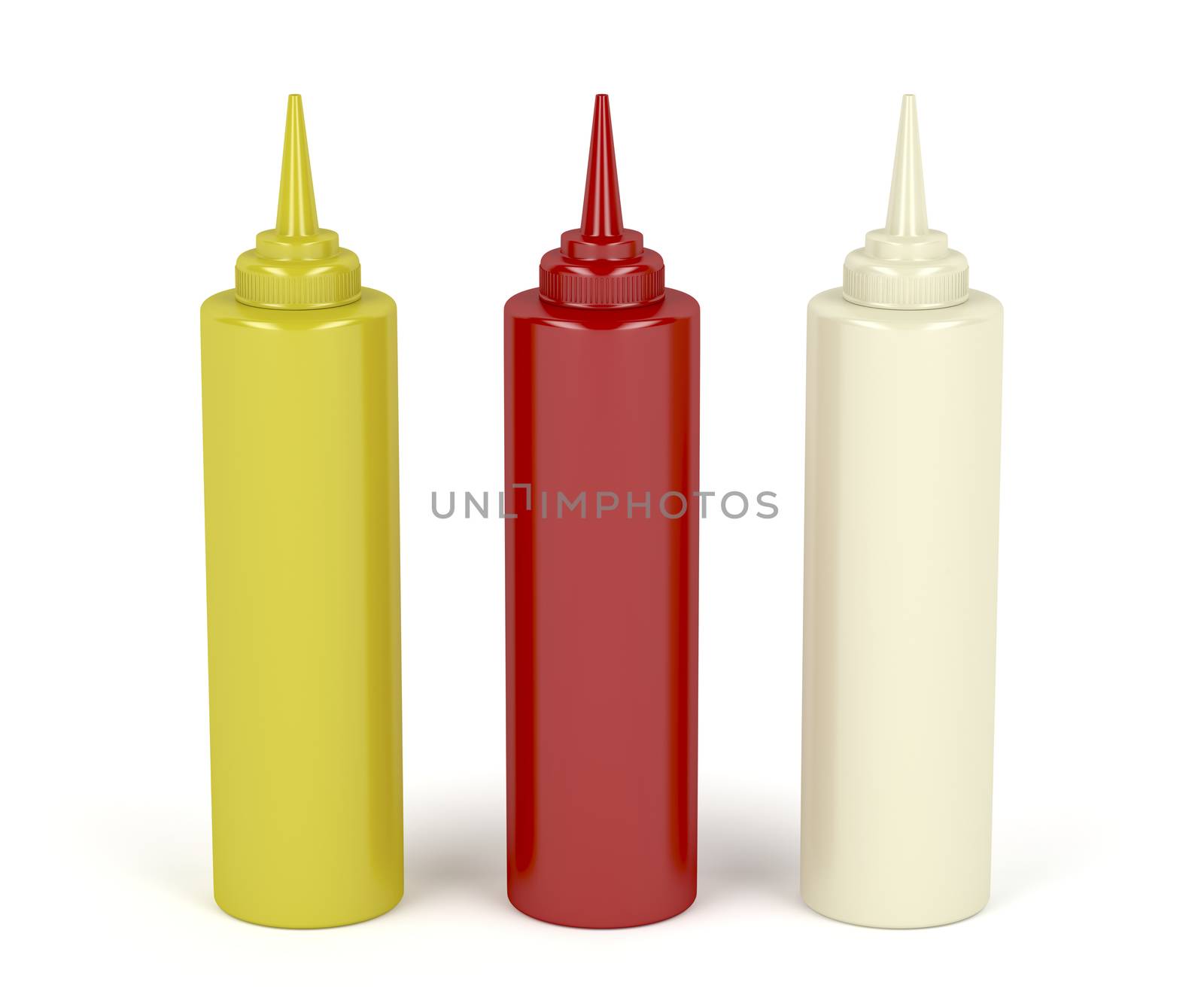 Mustard, ketchup and mayonnaise in plastic bottles