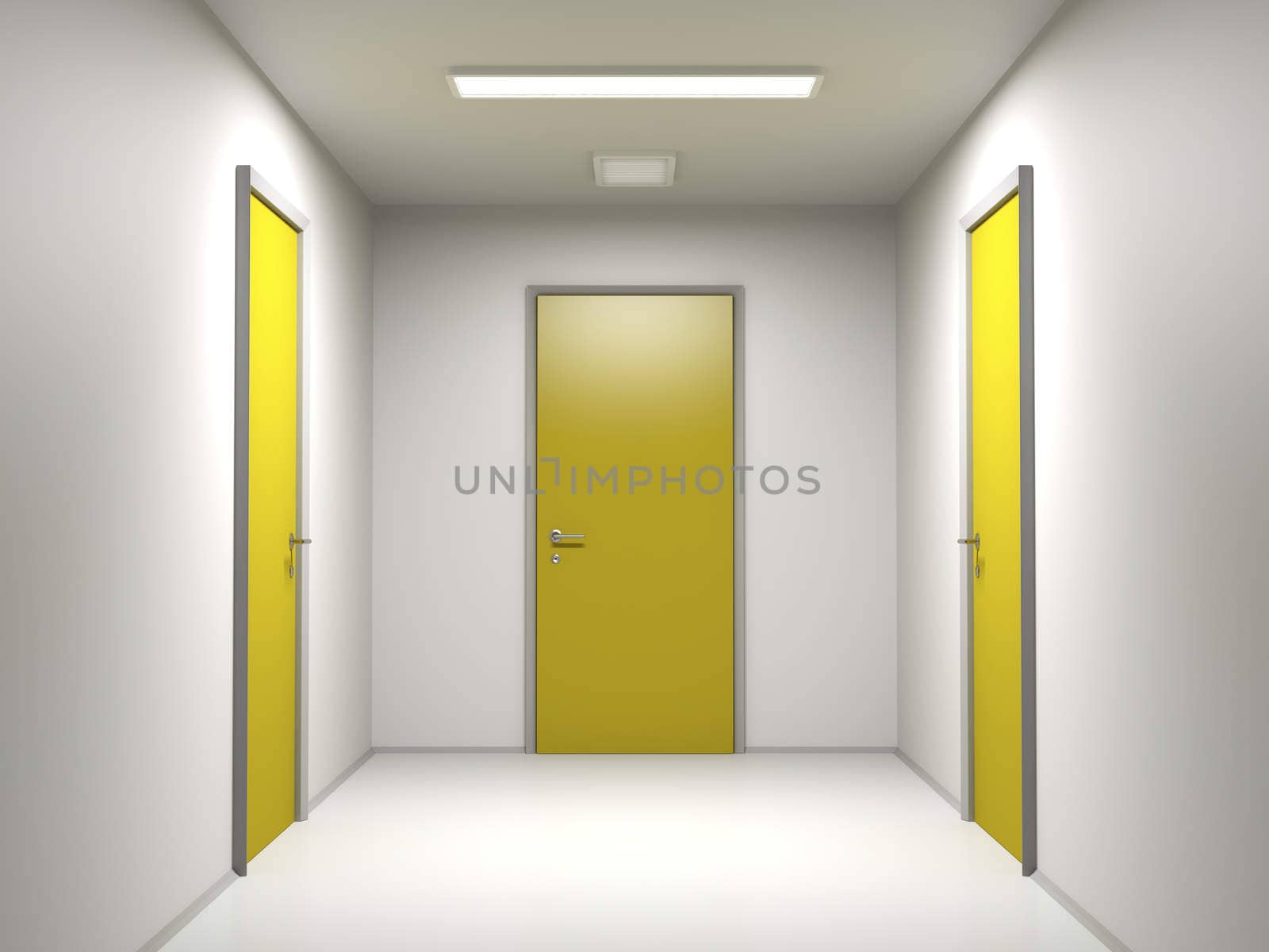 Corridor ending with three yellow doors