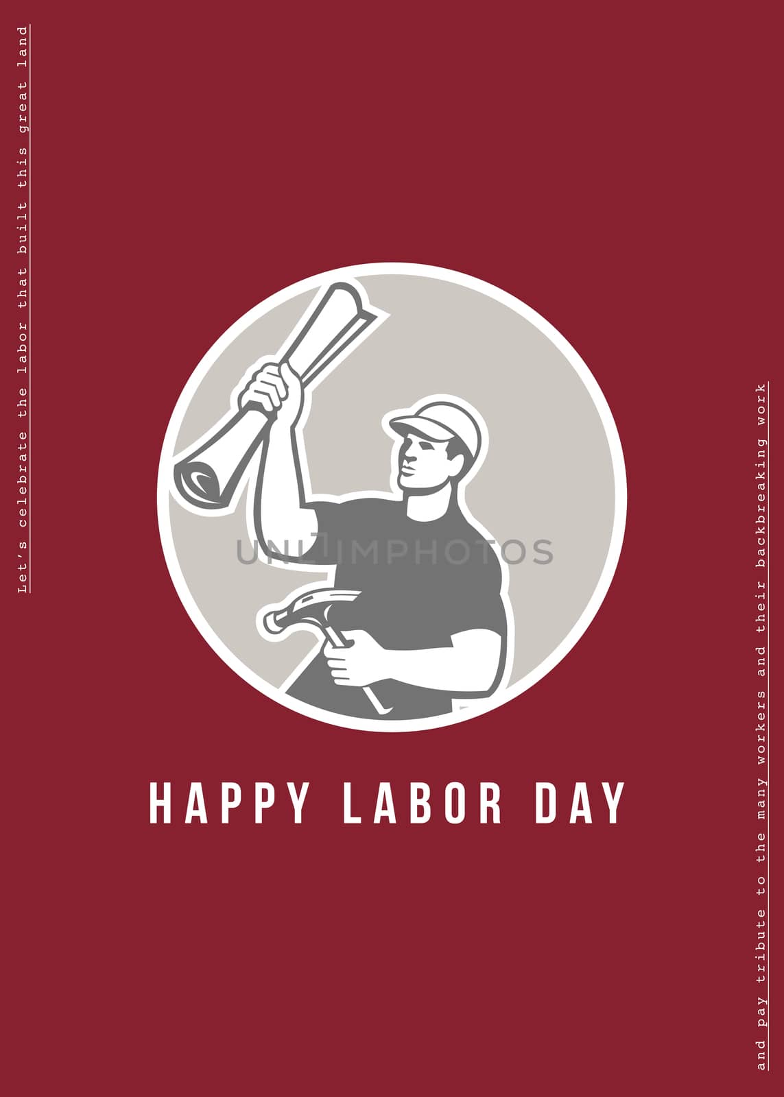 Labor Day greeting card featuring an illustration of a carpenter builder holding hammer and building plan blue print viewed from the side set inside circle on isolated background done in retro style with the words Happy Labor Day in the bottom. 
