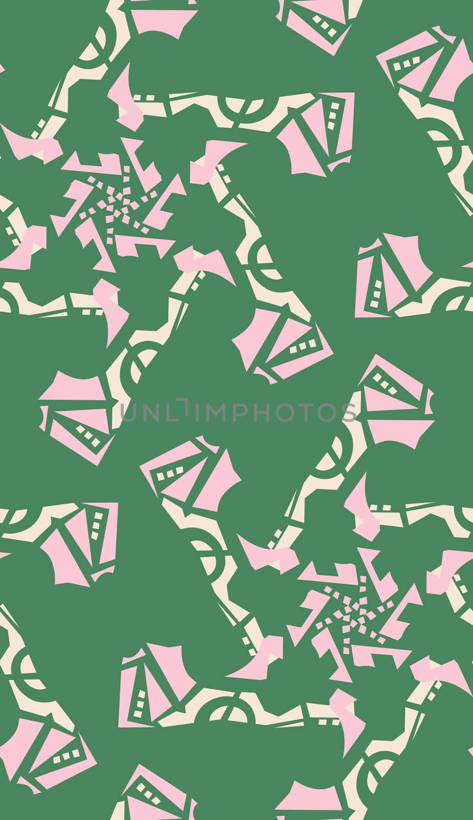 Green kaleidoscope background pattern of pink star shapes