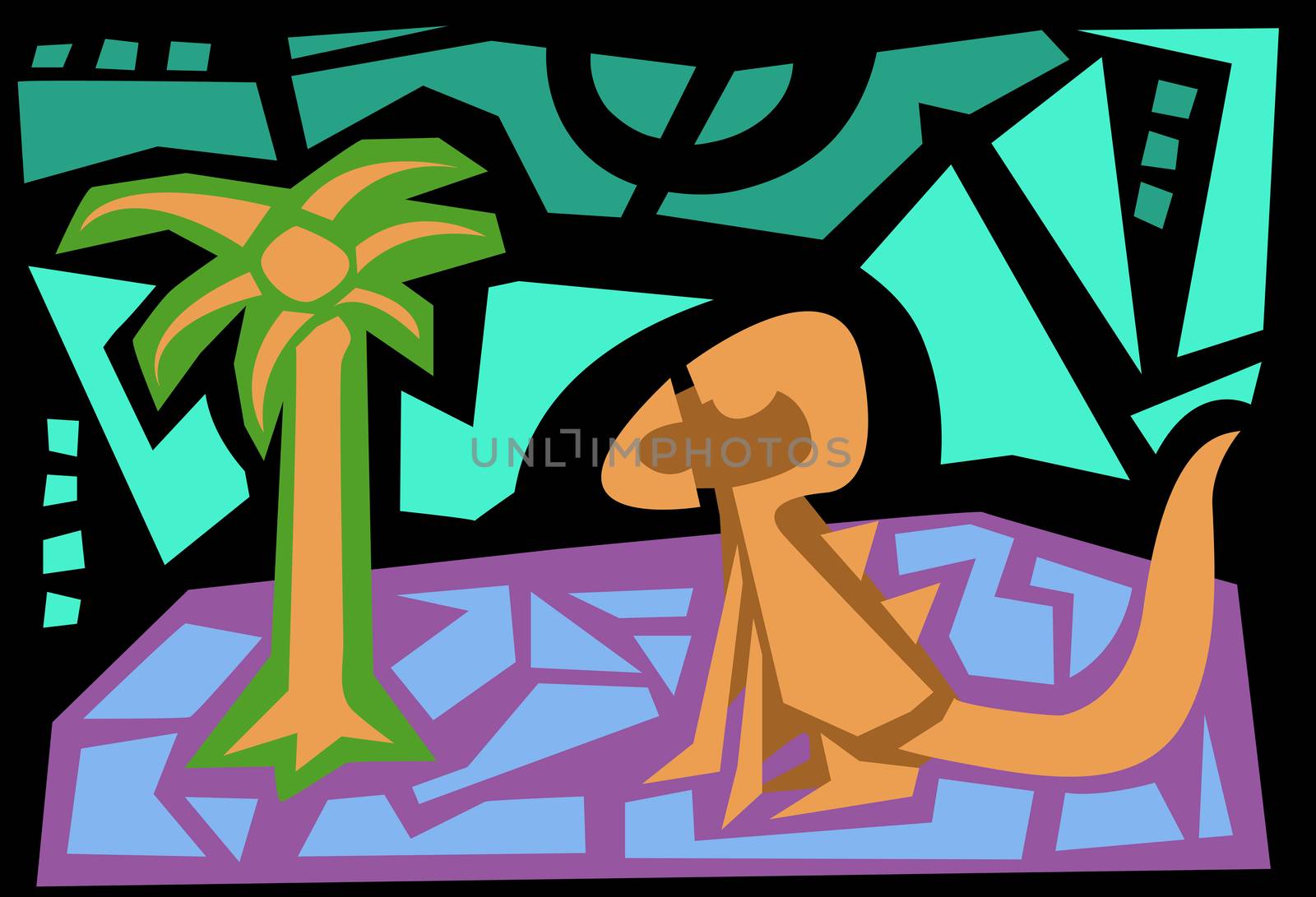 Abstract shape illustration of dinosaur setting next to tree