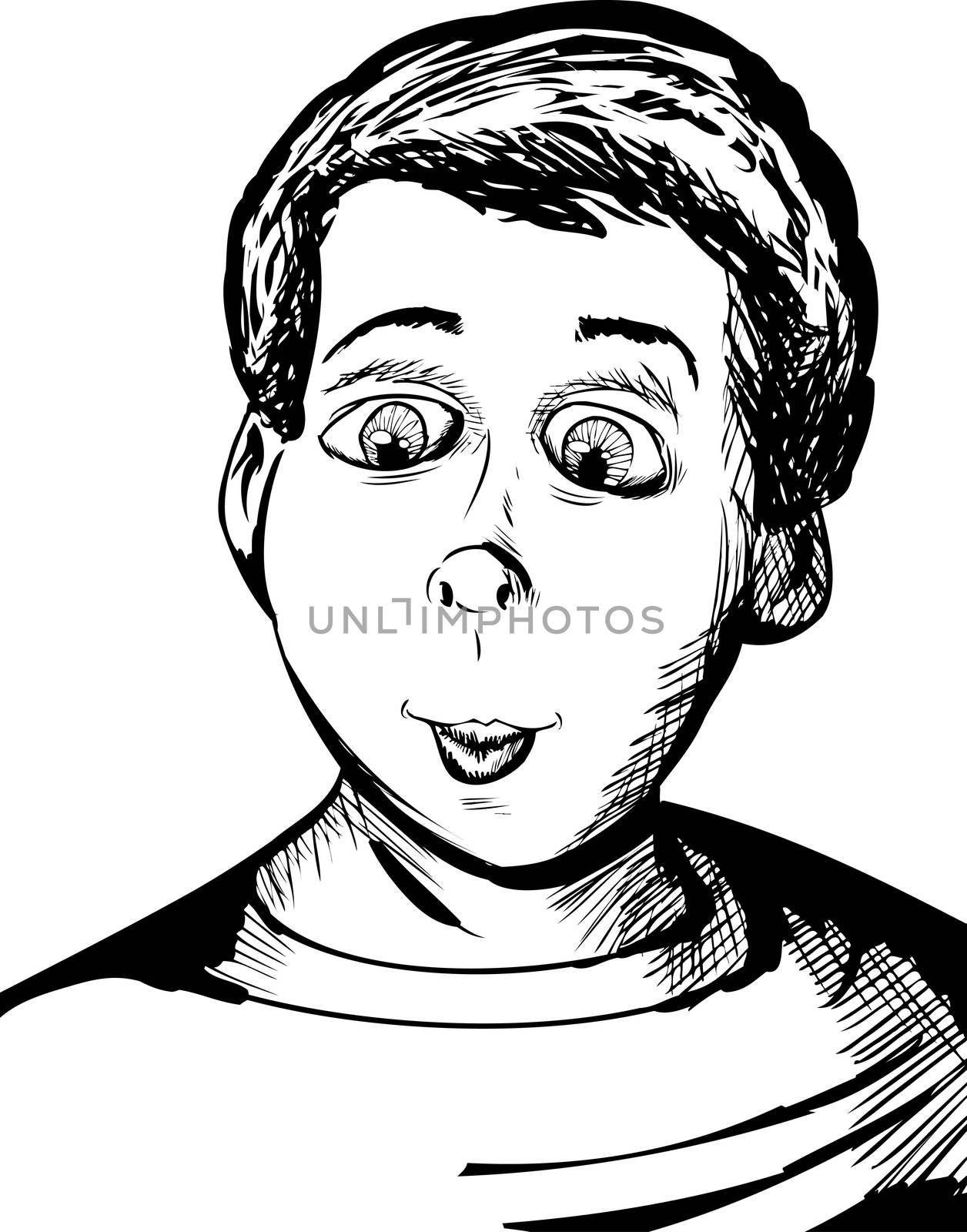 Cartoon outline drawing of giddy male Caucasian child