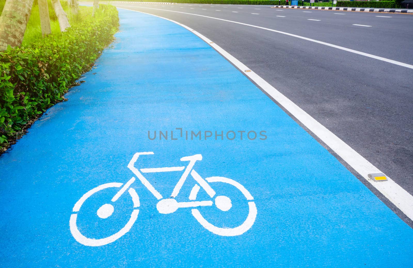 bicycle symbol lane with blue background on the road.