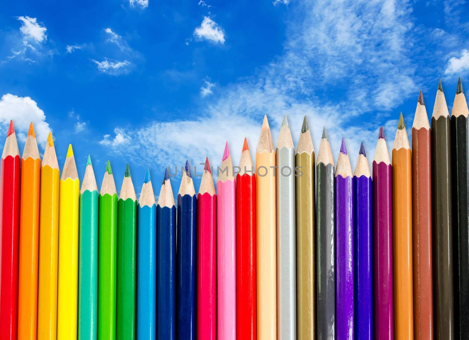 line of colored pencils on blue background, save clipping path.