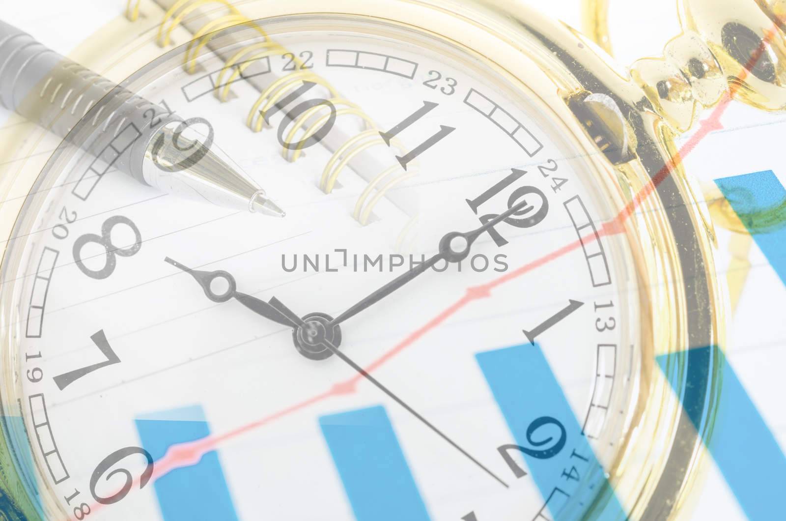 Clock and market report graph with document. Business time concept.