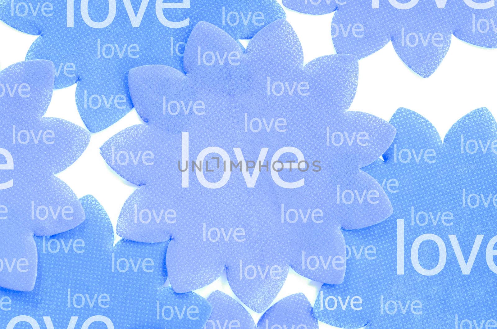 Love on blue paper flower on white background use as background.