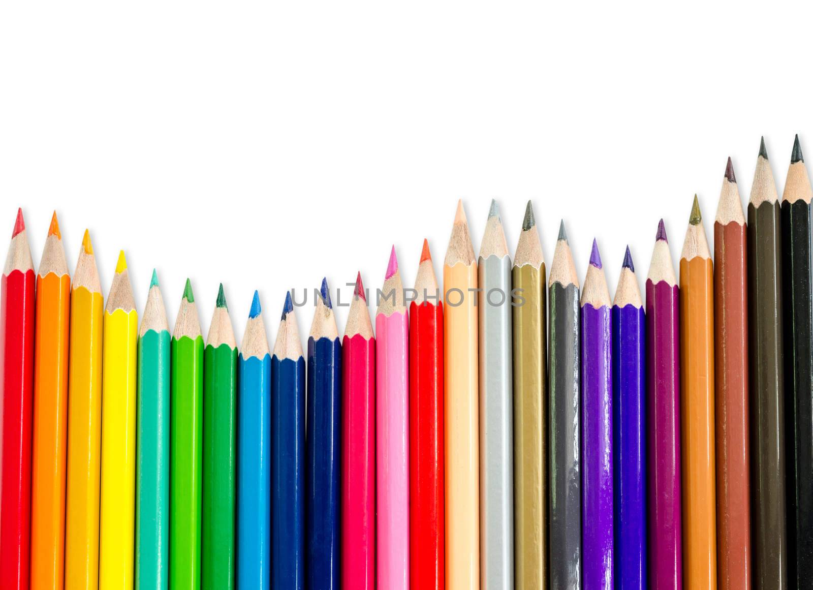 line of colored pencils isolated white background, save clipping path.