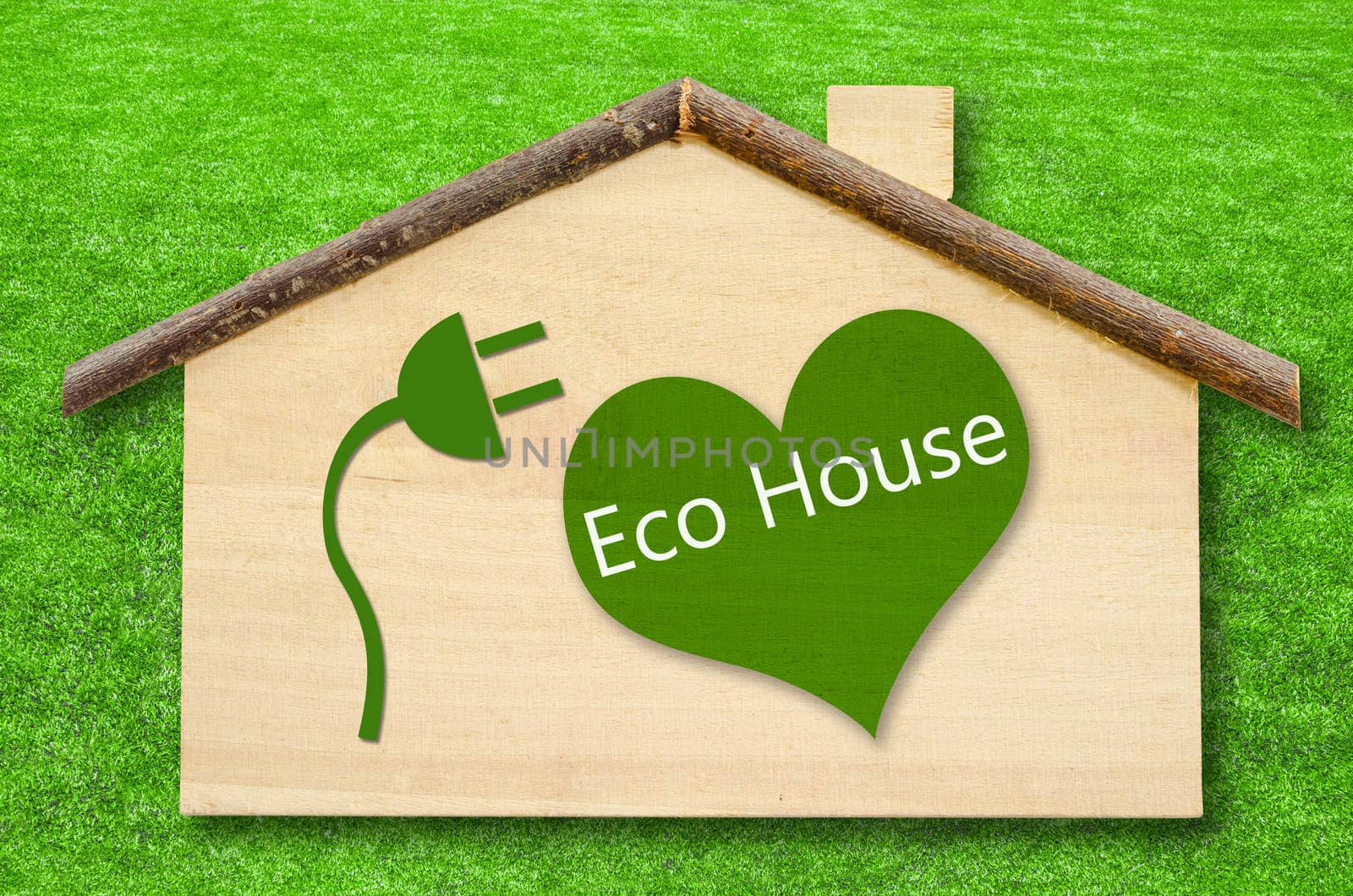 Eco house on Little home wooden model on green grass background. Save clipping path