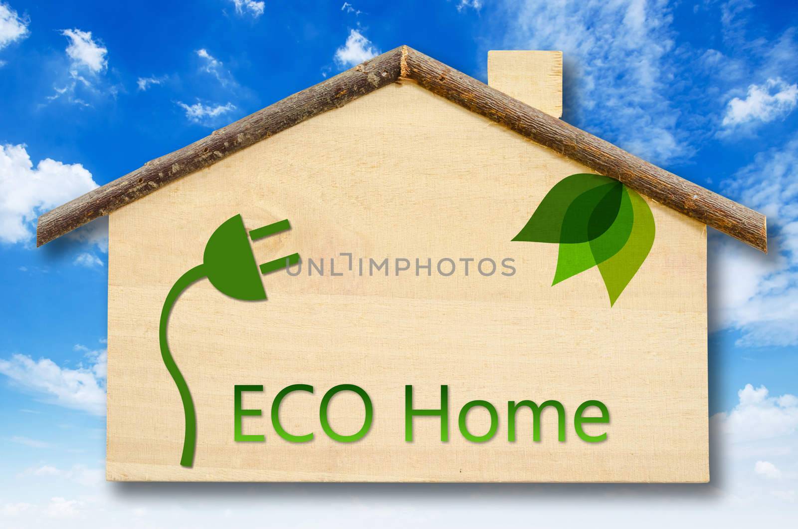 Eco home on Little home wooden model on blue sky background.