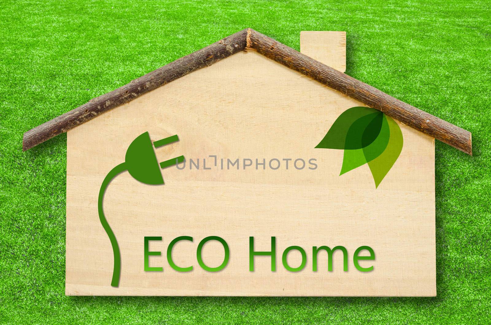 Eco home on Little home wooden model on green grass background. by Gamjai