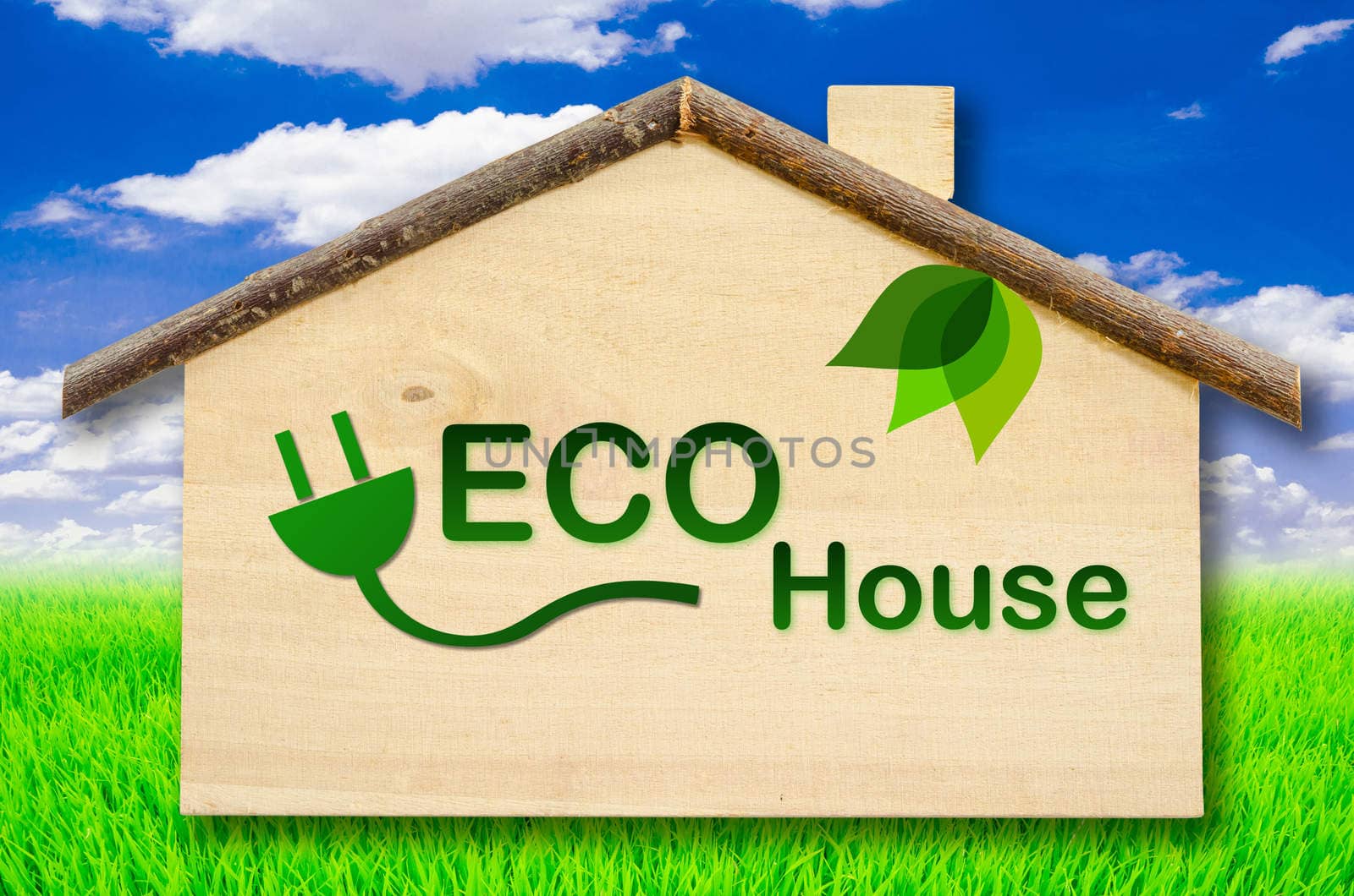 Eco house on Little home wooden model on blue sky background. Save clipping path