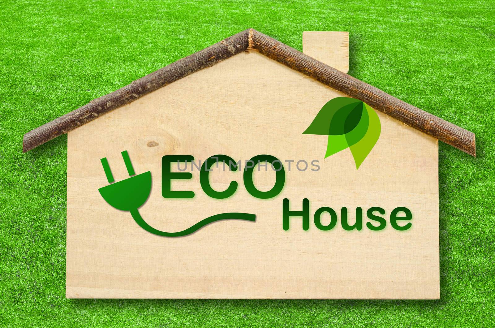 Eco home on Little home wooden model on green grass background. Save clipping path