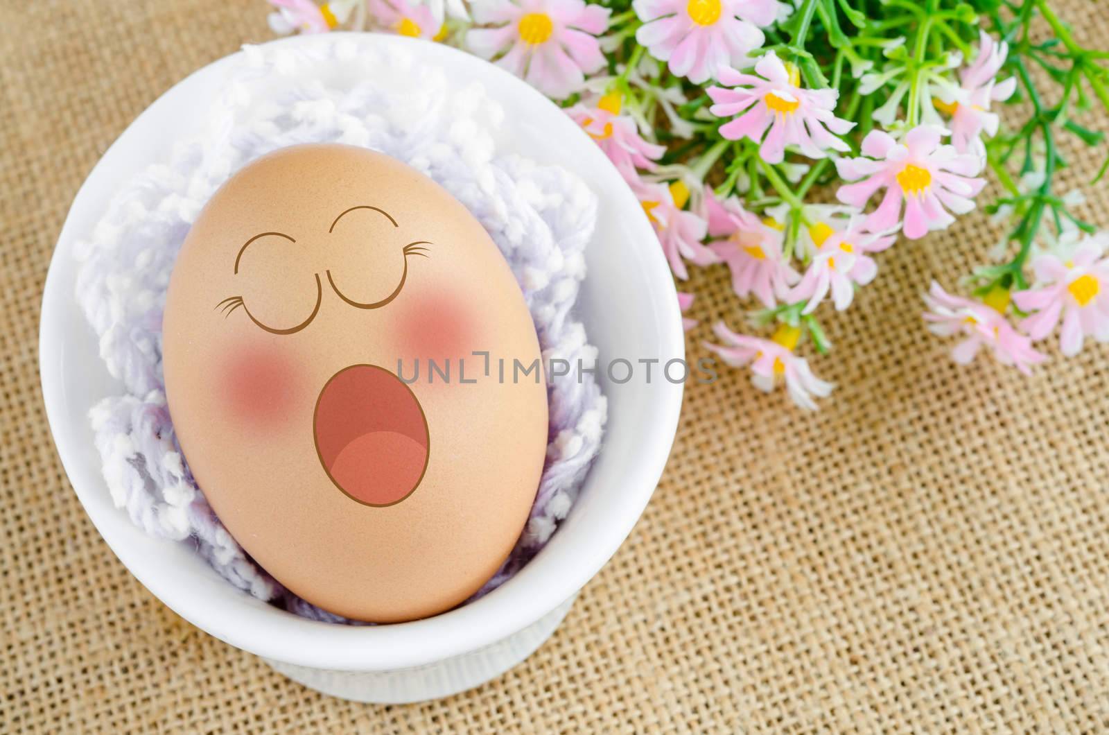 Eggs sleep in Expression Face with flower on sack background.