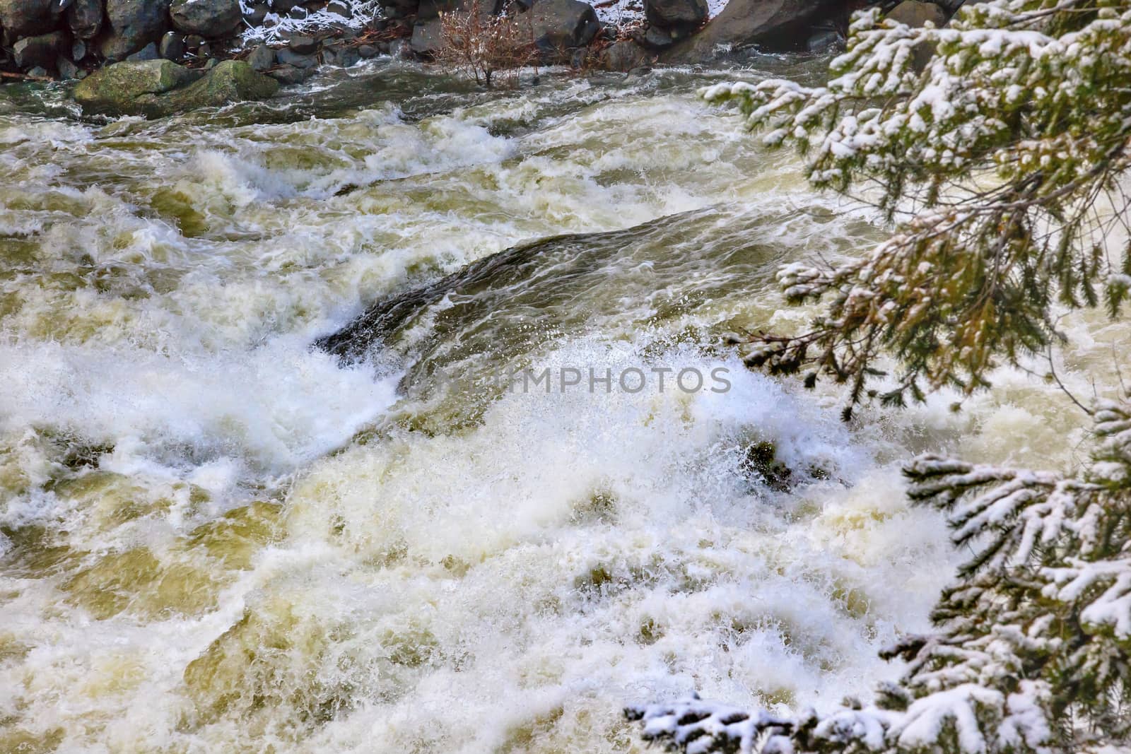 Wenatchee River Winter Leaves Rapids Snow Ice Near Stevens Pass Leavenworth Washington