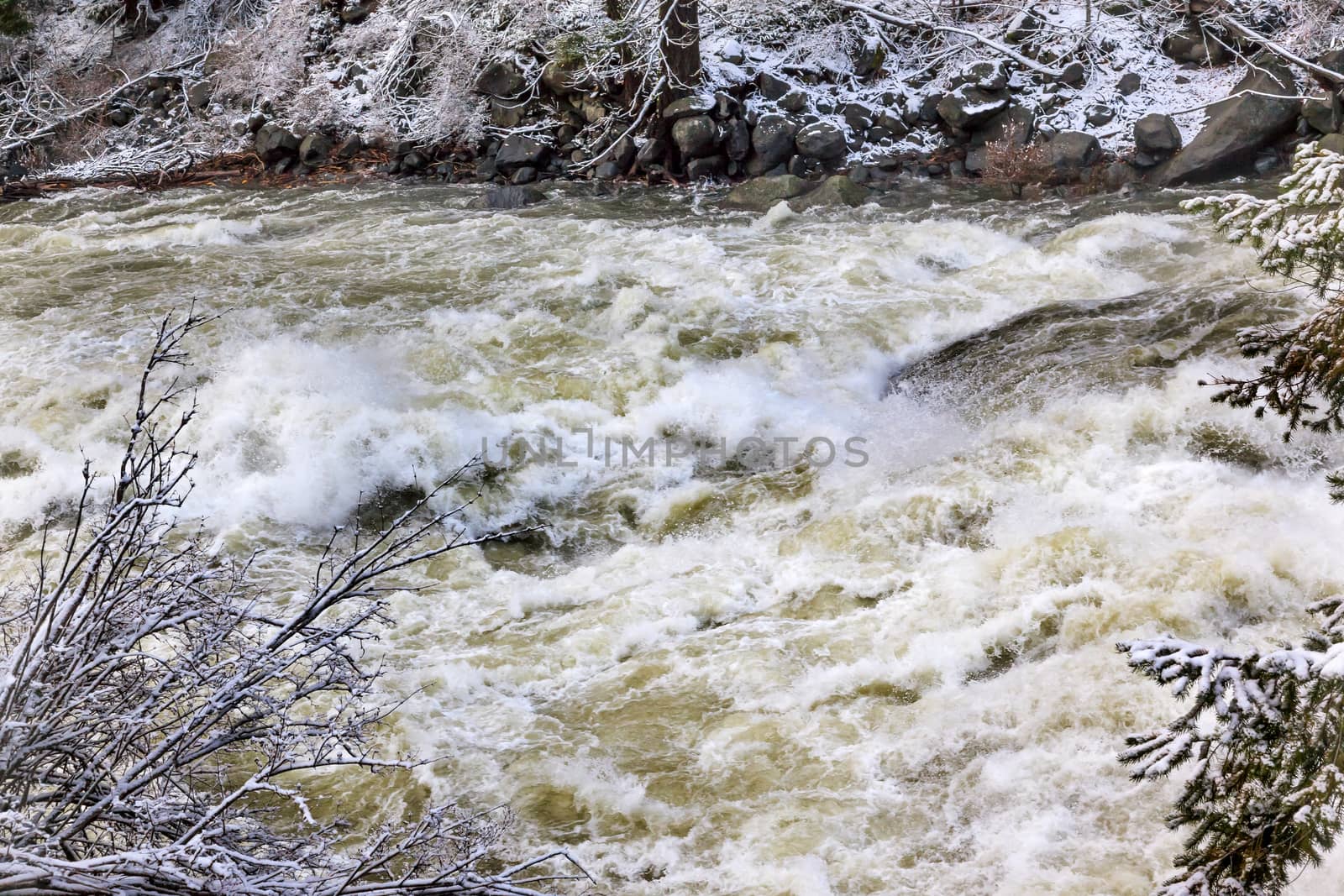 Wenatchee River Winter Leaves Rapids Snow Ice Near Stevens Pass Leavenworth Washington