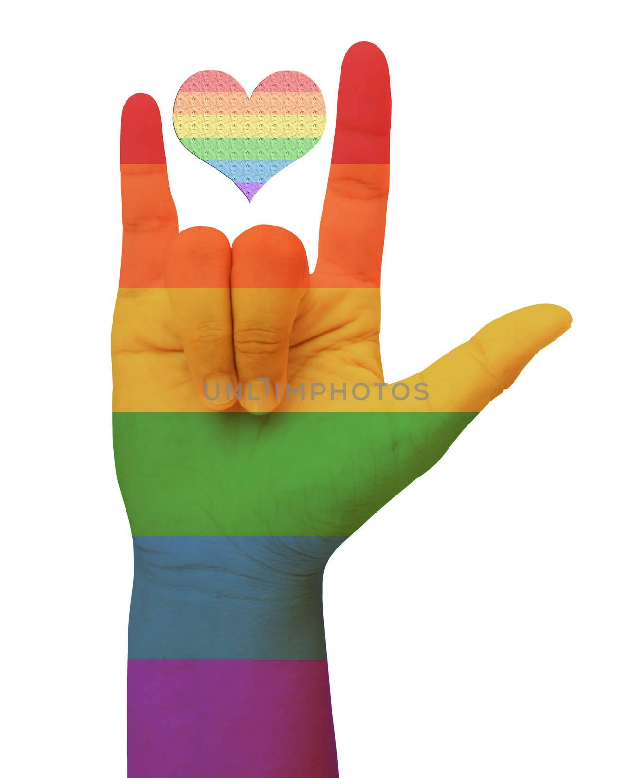 Hands painted as the rainbow flag forming a heart, symbolizing gay love on white background. Fredom concept.