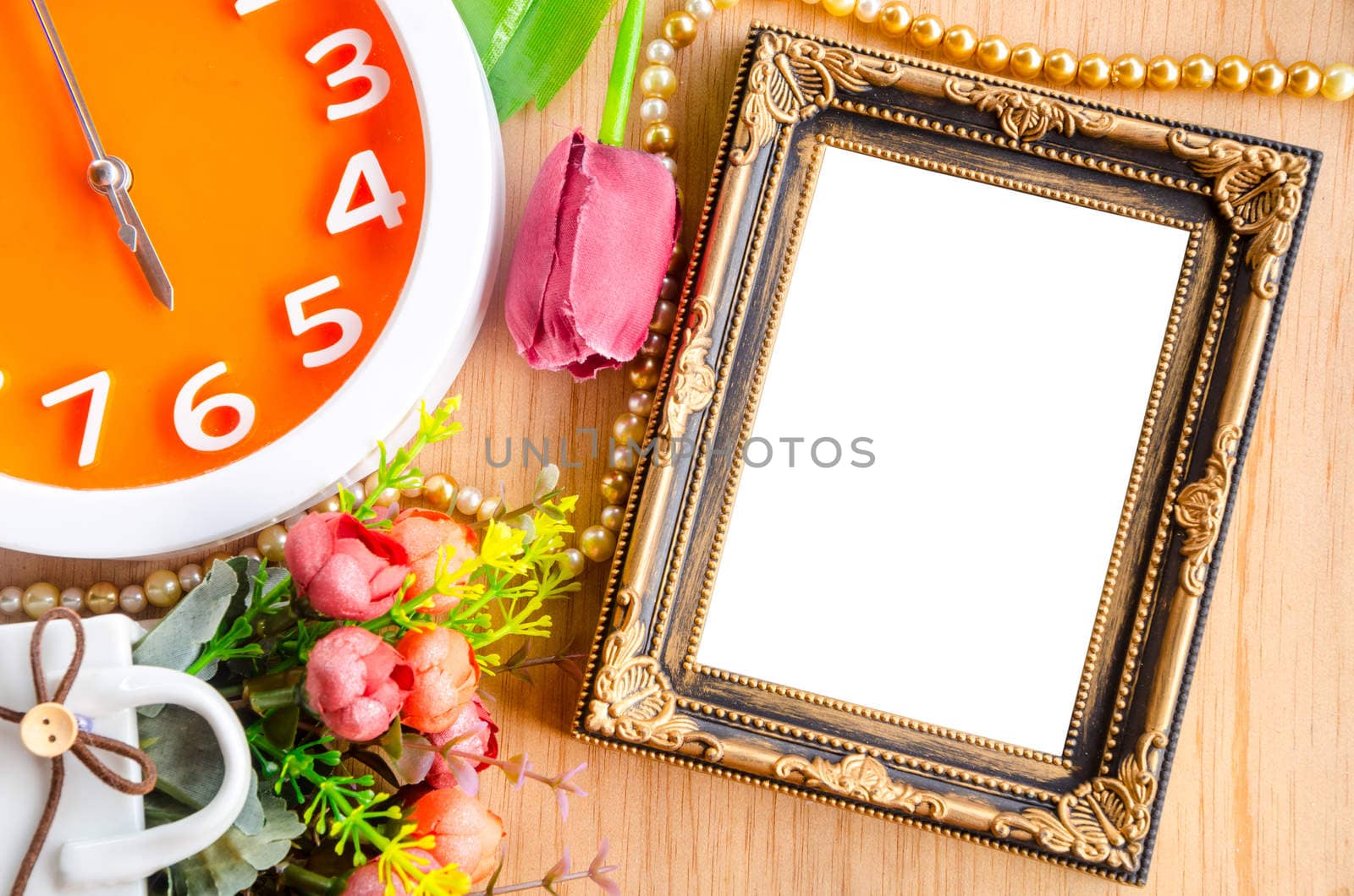 Flowers vase and vintage white picture frame. by Gamjai