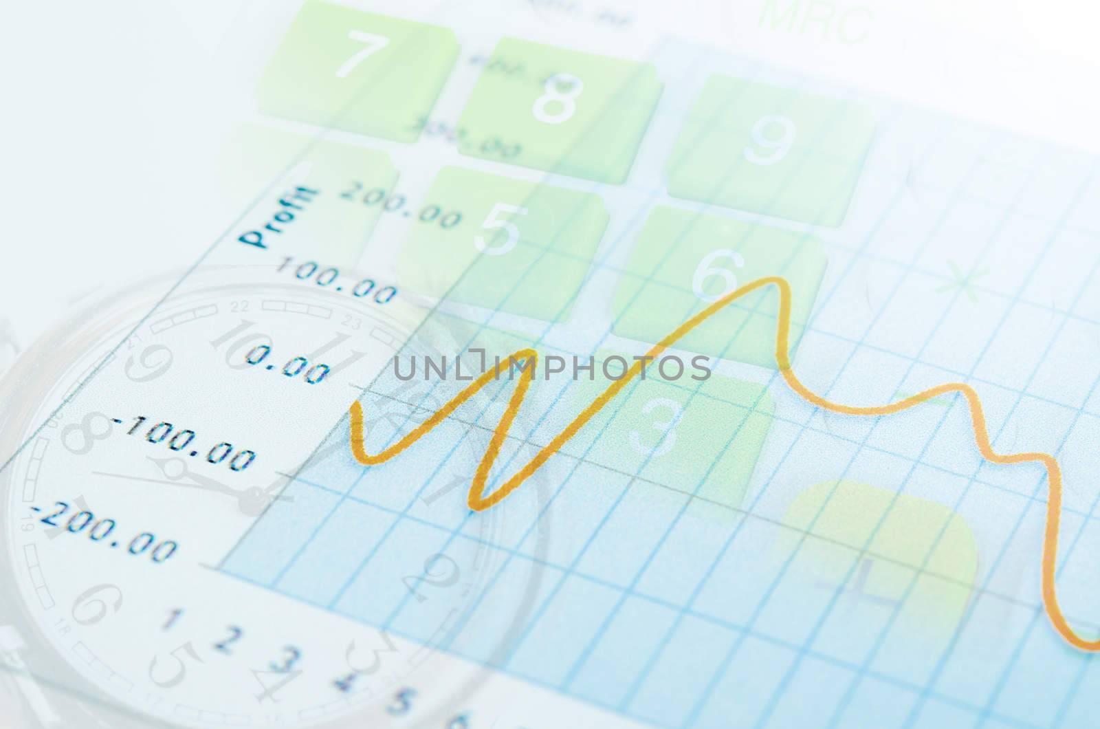 Clocks with finance graph and calculator business concept