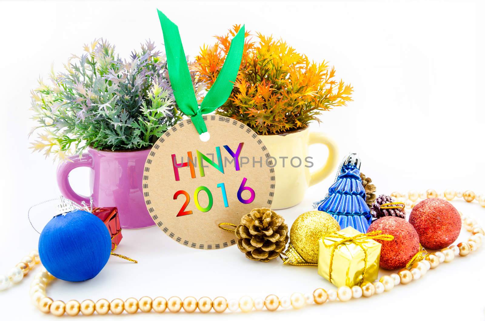 New year 2016 on tags and Christmas on white bacgkground.