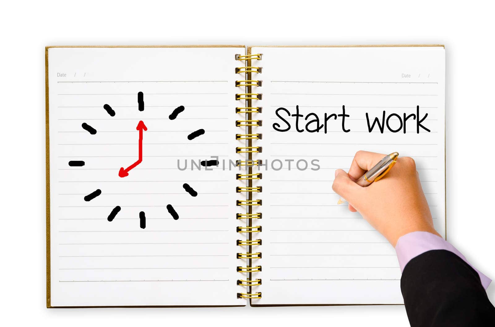 Start work. Hand business man writing to start work concept open notebook.