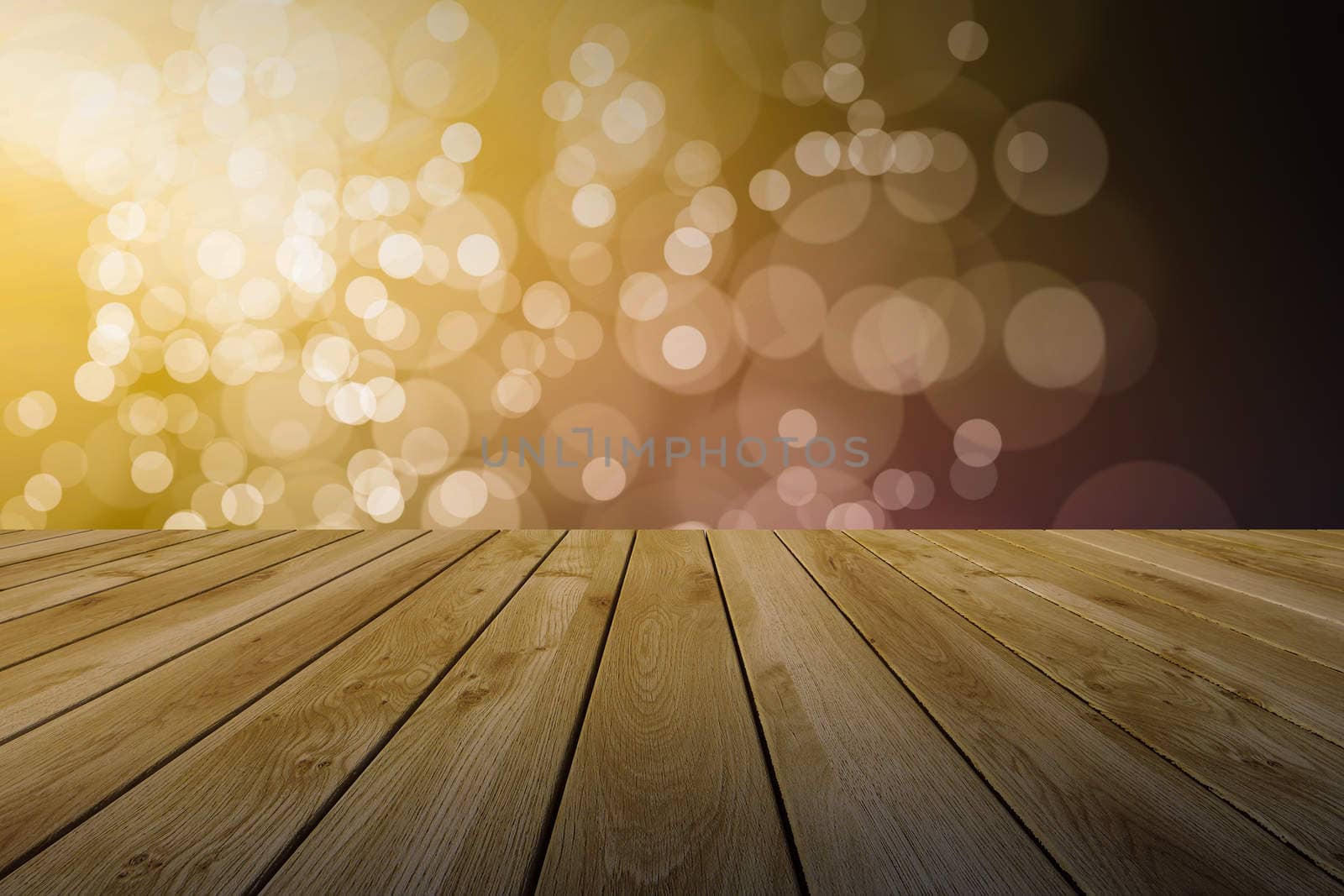 Perspective wood and bokeh light background. product display template