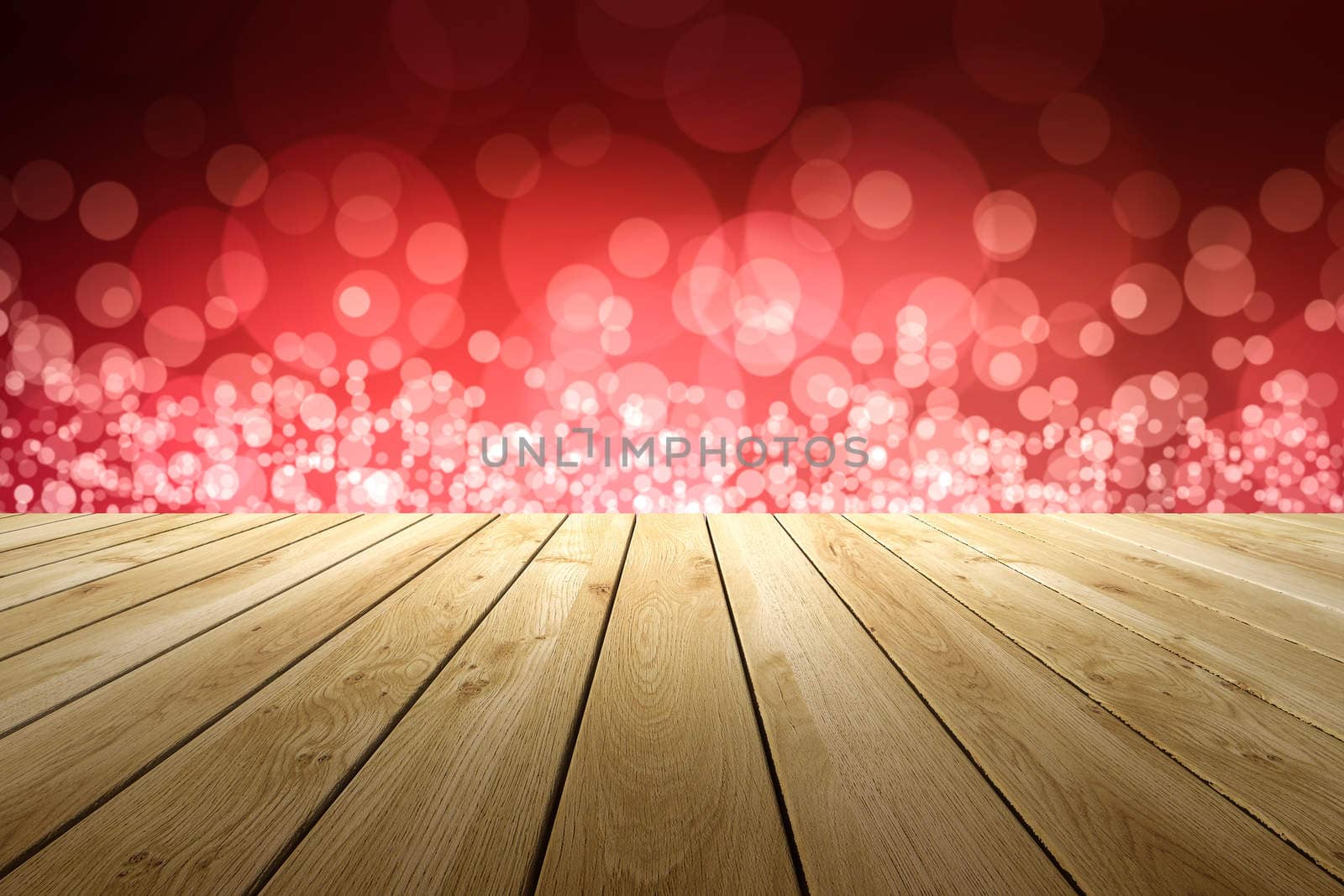 Perspective wood and bokeh light background. product display template