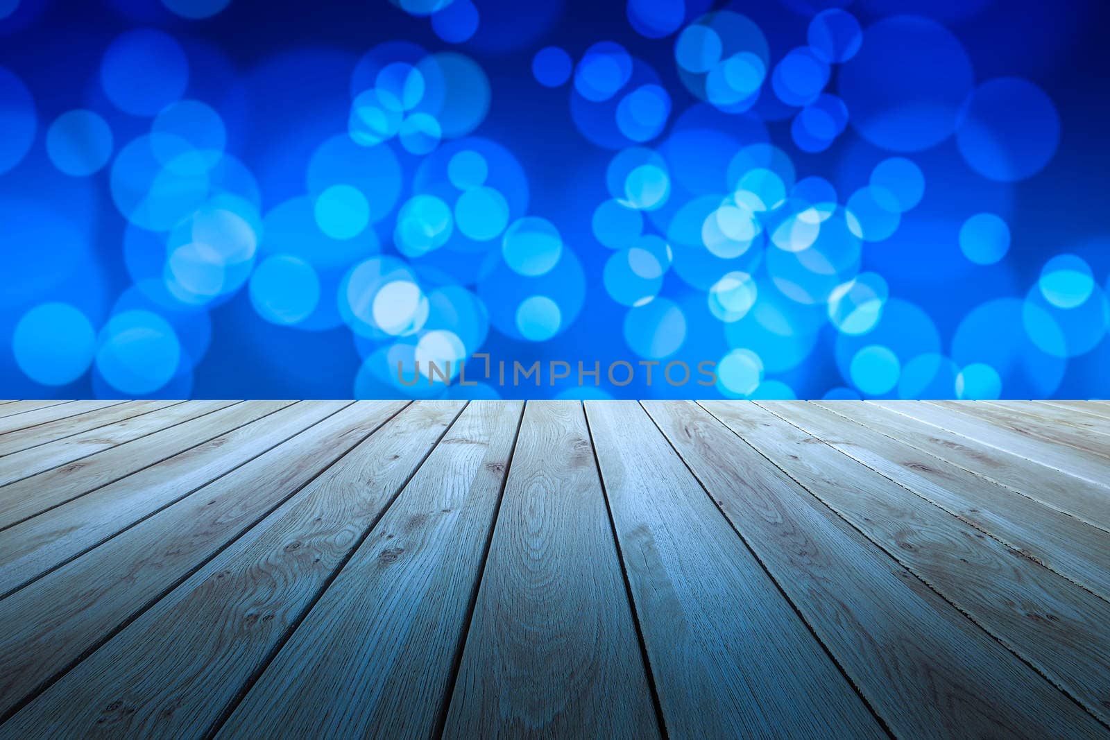 Perspective wood and bokeh light background. product display template