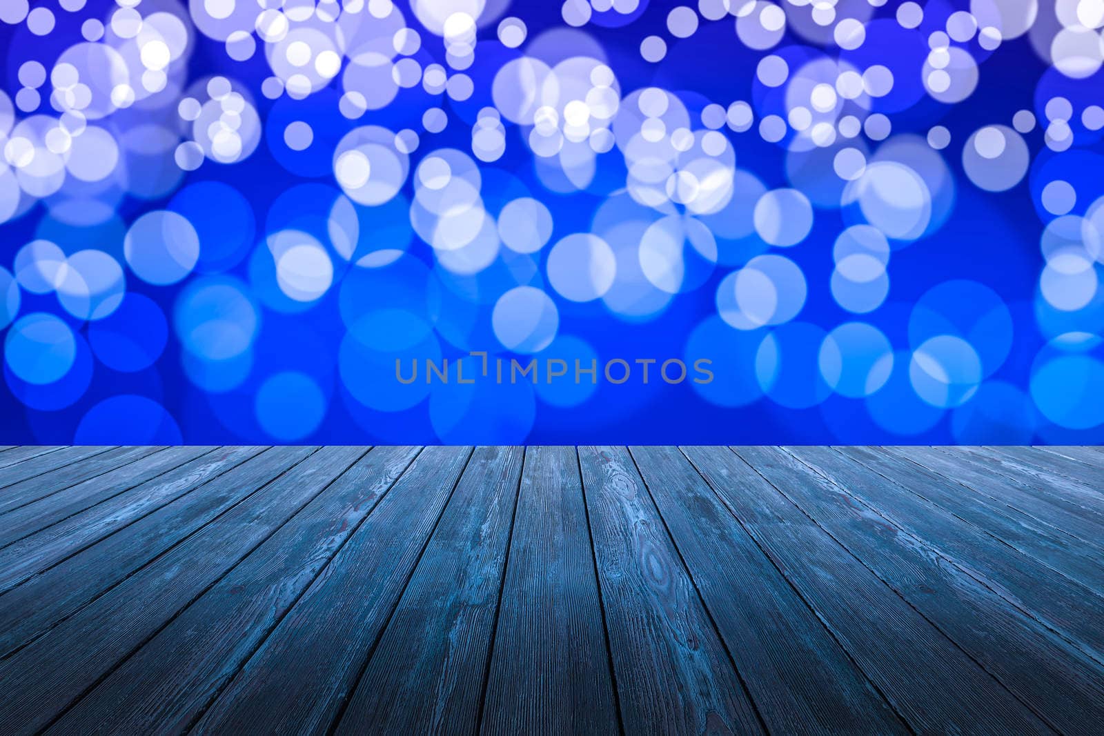 Perspective wood and bokeh light background. product display template