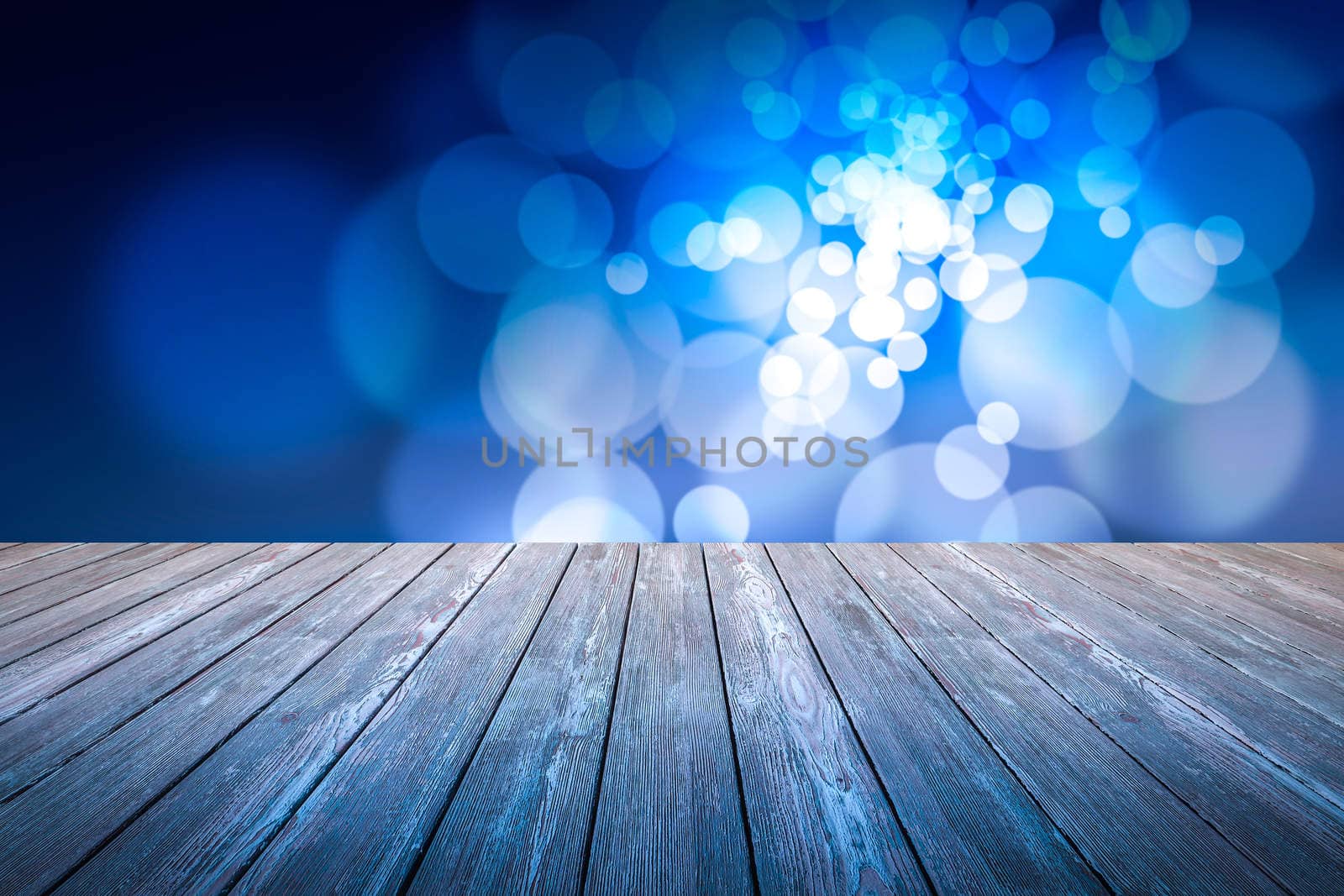 Perspective wood and bokeh light background. product display template