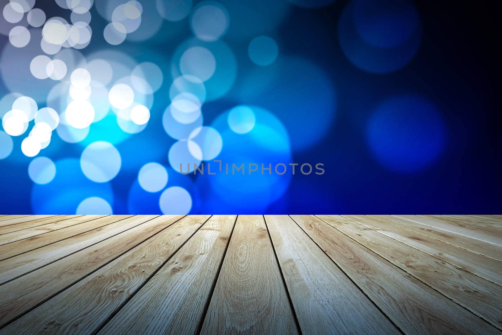 Perspective wood and bokeh light background. product display template