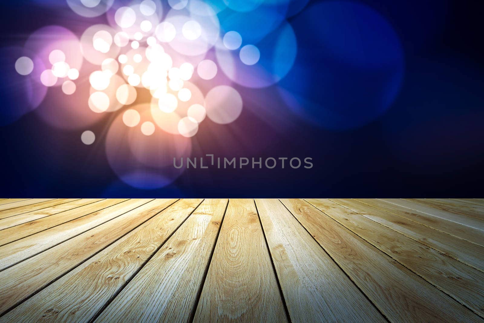 Perspective wood and bokeh light background. product display template